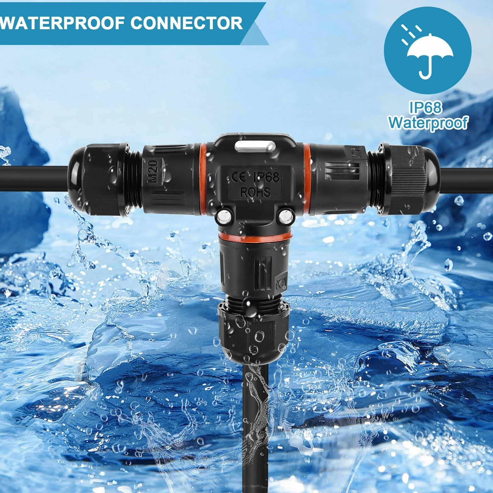 2 conectores de cable impermeables, IP68, resistentes al agua en forma de T, conector de cable de 3 pines, conector de cable subterráneo para diámetro de cable de 3 a 12 mm de diámetro para jardín al