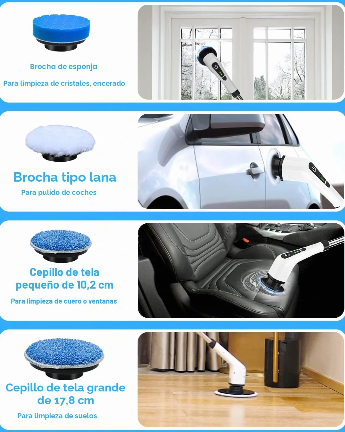 Fregadora Giratoria Eléctrico, Cepillo de Limpieza Inalámbrico con 8 Cabezas de Cepillo Reemplazables, Mopa Fregadora para Bañera y Azulejo de Piso con 137cm Mango Ajustable para Baño Cocina (Blanco)