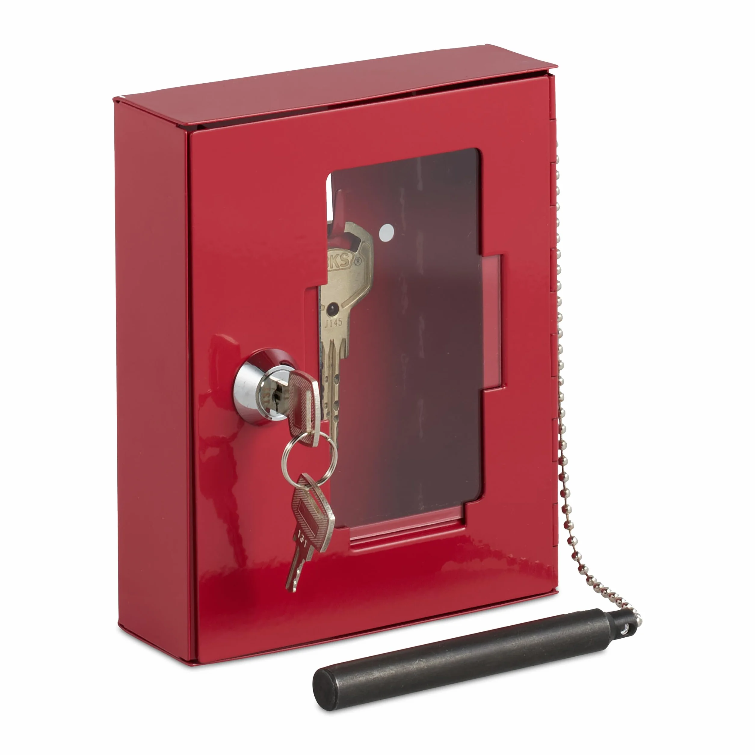 Relaxdays Caja para Llave de Emergencia, Cajetín con Ventana de Vidrio y Rompecristales, Cerradura, Cajita Metal, Rojo