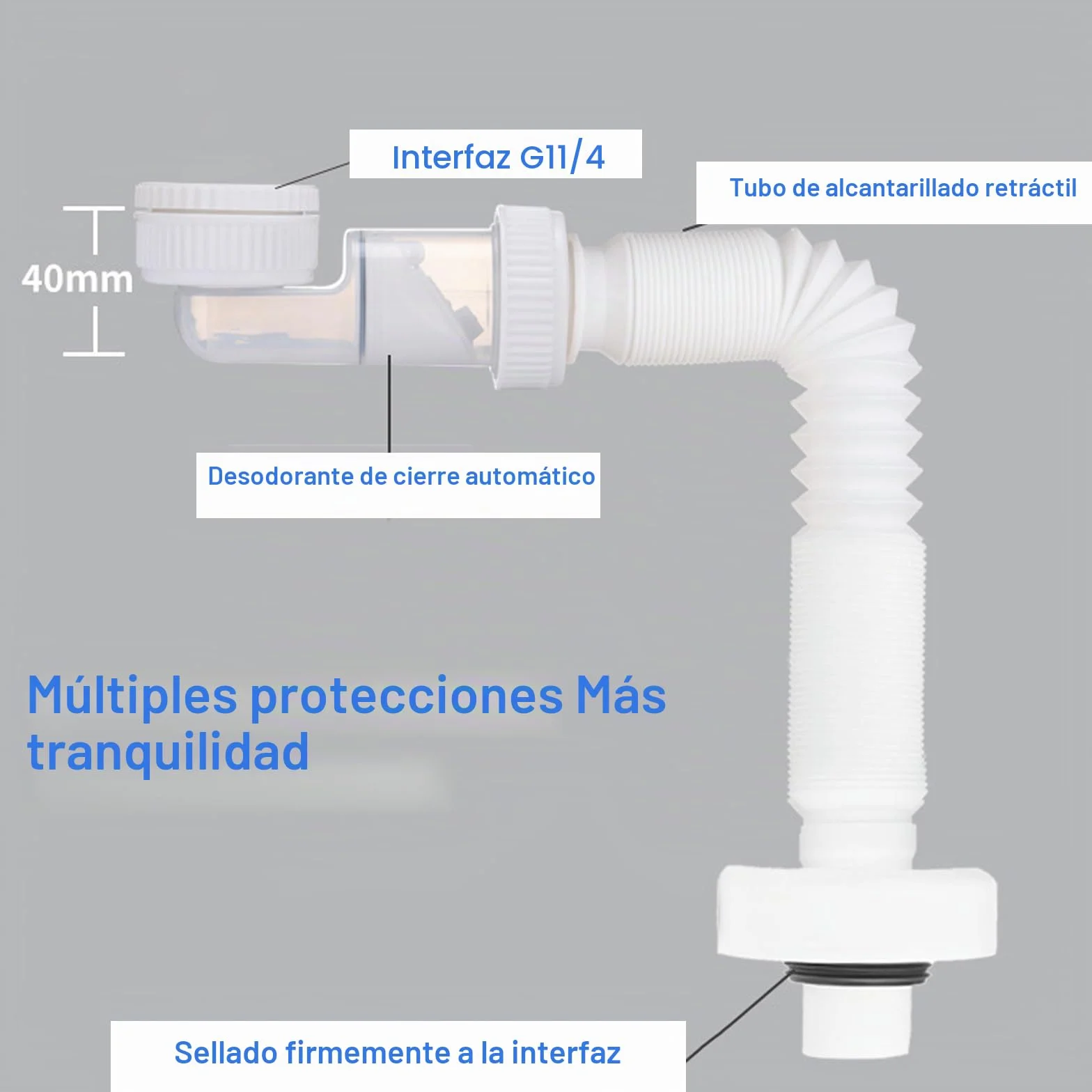 Sifón Flexible 1 1/4 Pulgadas Antiolor Desagüe Fregadero Extensible 380-930mm para Baño y Cocina