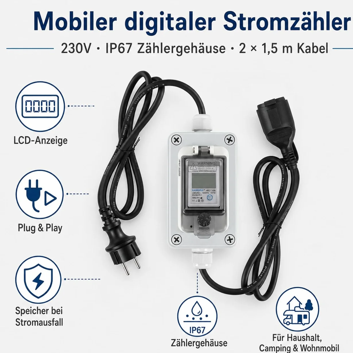 Contador de electricidad móvil de 230 V, IP67, con 2 cables de 1,5 m | Pantalla LCD con función de memoria y botón de reinicio para medición móvil