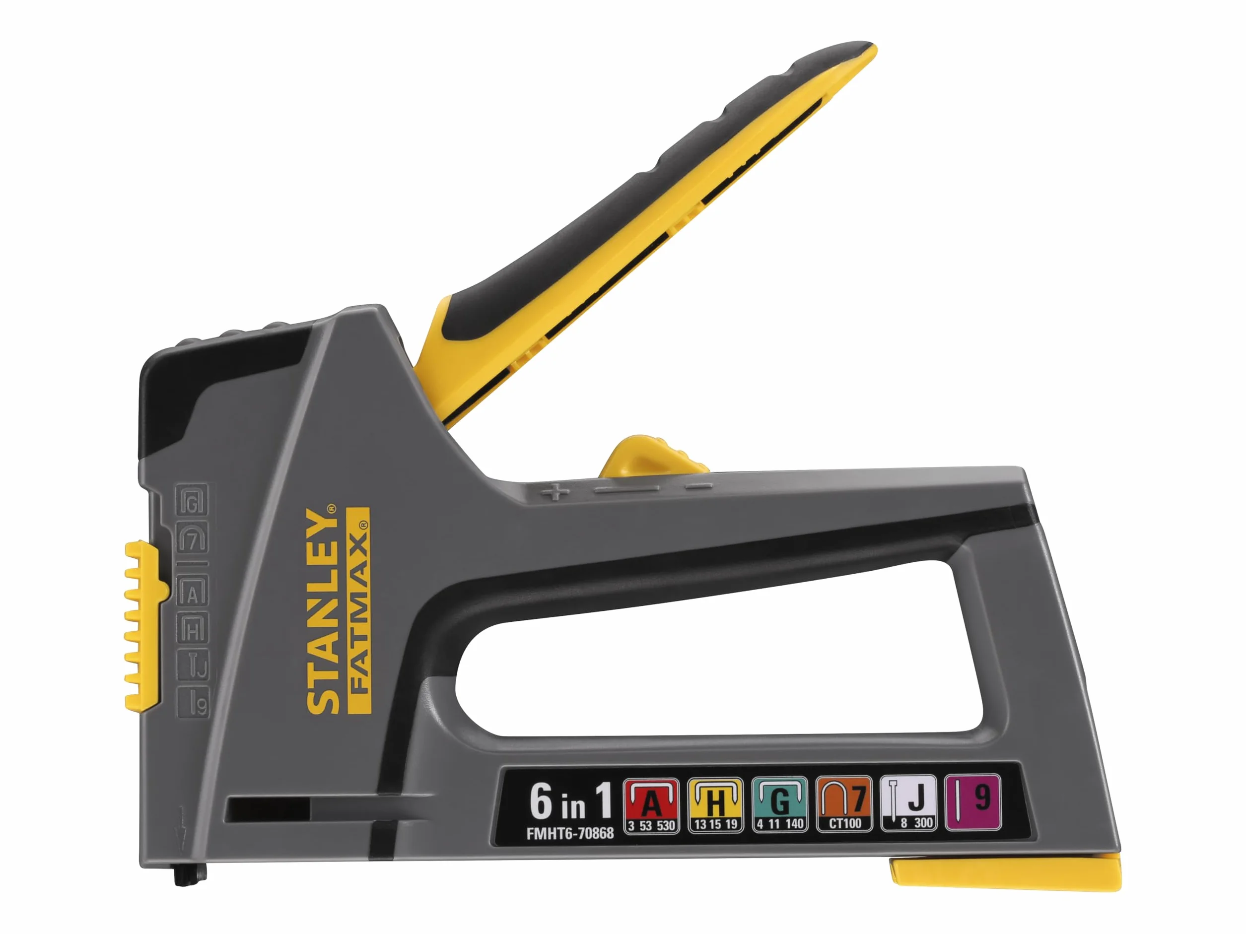 STANLEY FATMAX Grapadora 6 en 1, Compacta, Fácil Carga de Grapas, Cuerpo de Abs Reforzado, Intensidad Variable, Mango de Agarre Suave, Acepta 6 Tamaños de Grapa -FMHT6-70868