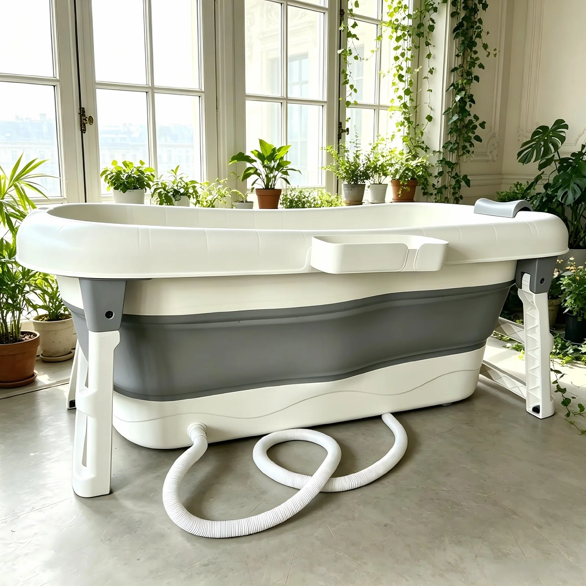 Bañera plegable portátil de tamaño adulto con almacenamiento plegable con rodillos de masaje y bandeja de almacenamiento, bañera grande y reforzada, color gris, 117 cm