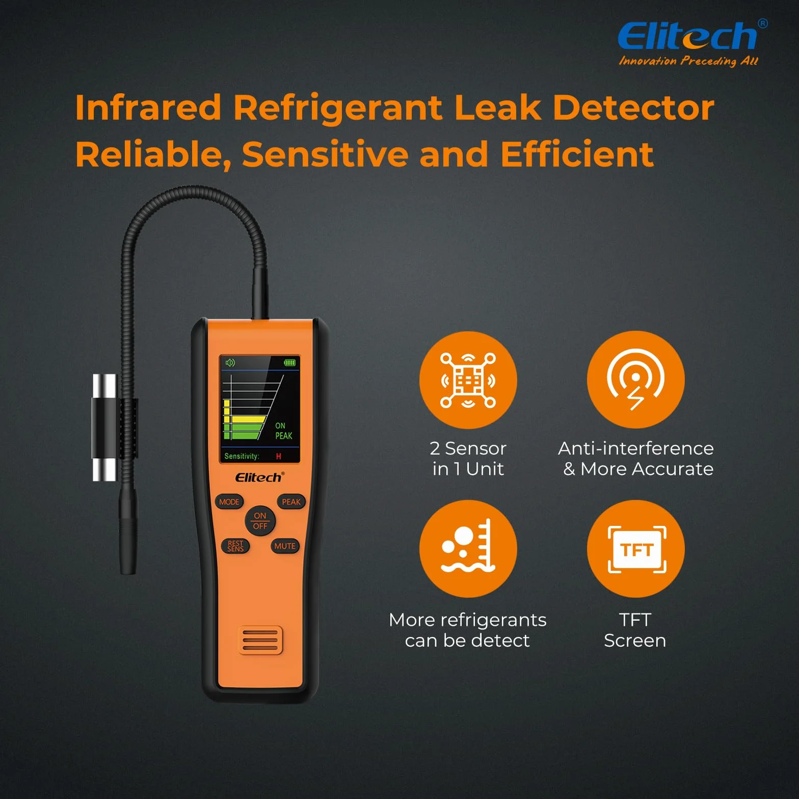 Detector de Fugas de refrigerante Elitech IR-200 2 en 1 Probador de Alta sensibilidad con Sensor Dual de diodo infrarrojo y calentado Vida útil de 10 años