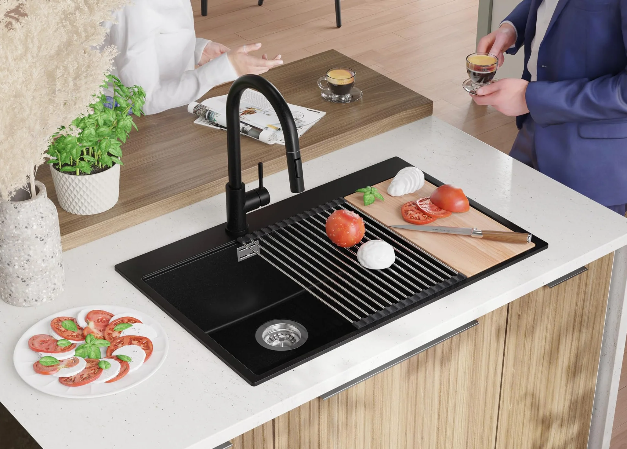 PRIMAGRAN Fregadero Granito Todo Negro 78x50cm, Cocina 2 Senos + Grifo 40x38cm + Sifón + Tabla de Cortar, Sobre Encimera al Mueble 80cm - Oslo Duo Top S100