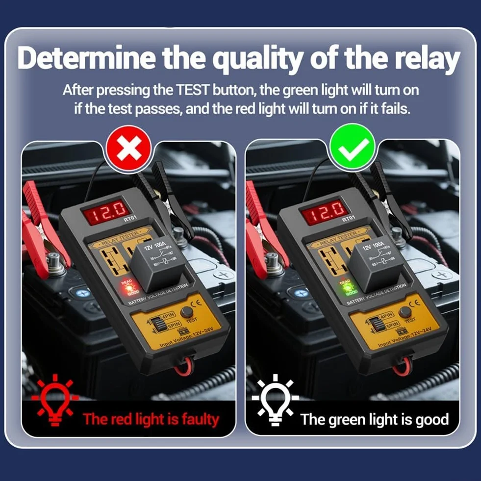 Comprobador de relé de coche de 12 V/24 V. Pantalla LCD con retroiluminación digital, prueba relés de 4/5 pines, compatible con baterías de plomo-ácido/AGM/litio adecuadas para coches, camiones