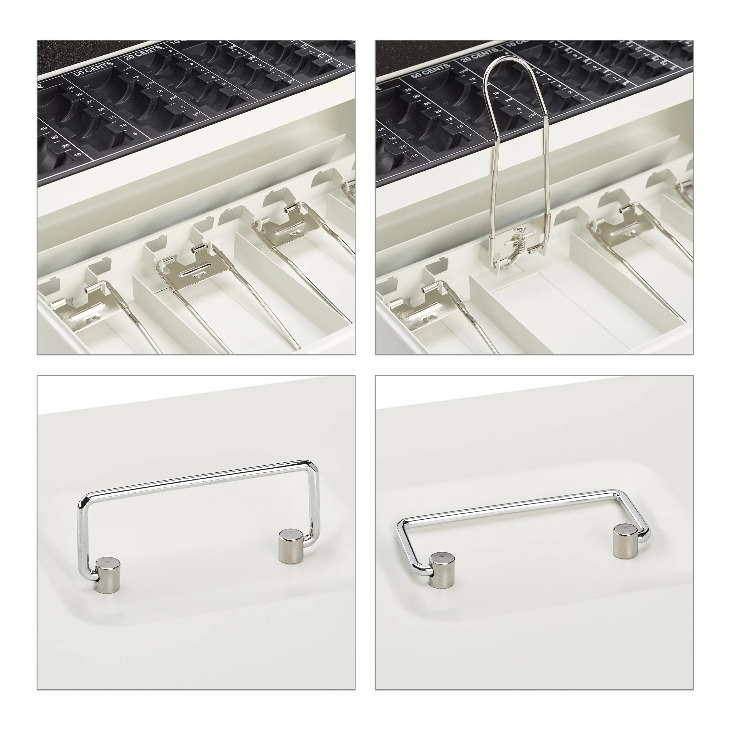 Relaxdays Caja Dinero con Llave, Bandeja Monedas y 4 Compartimentos Billetes, Cajita Hierro, 8,5x30,5x24,5 cm, Blanco