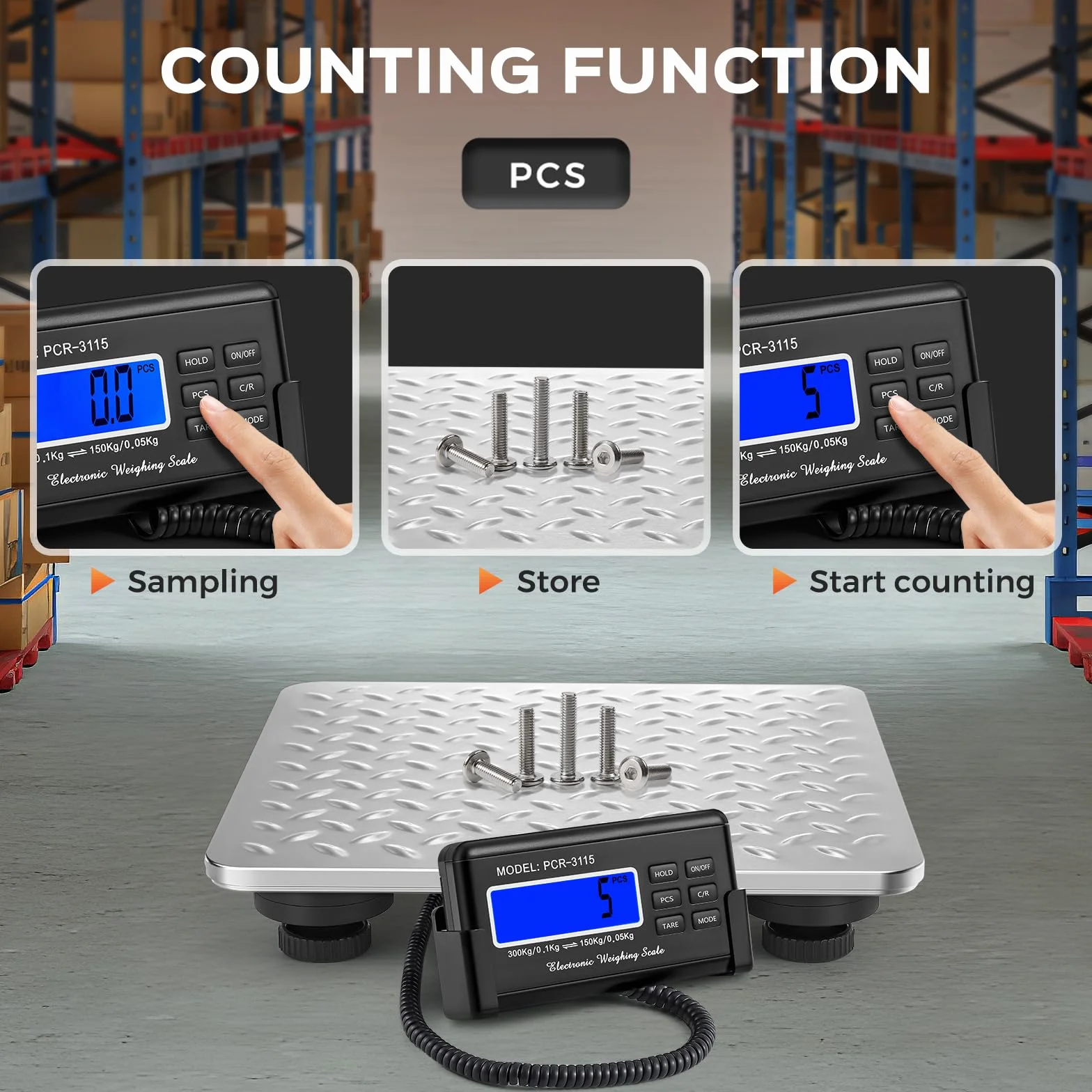 Bonvoisin Báscula para Paquetería 300kg/660lb, Pantalla LCD, Plataforma Acero Inoxidable, Doble Rango Precisión 0,1kg/0,05kg, Conmutable kg/oz/lb, Función Conteo