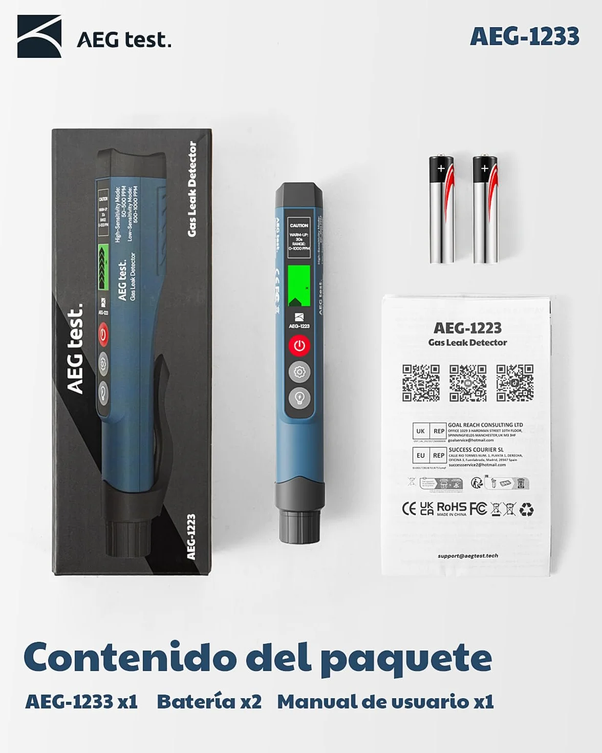 1223 Detector de Fugas de Gas con Alarma Visual y Sonora, Luz Incorporada, Detector de Gas Natural para Localizar Fugas de Gases Combustibles como Metano, Propano para el Hogar