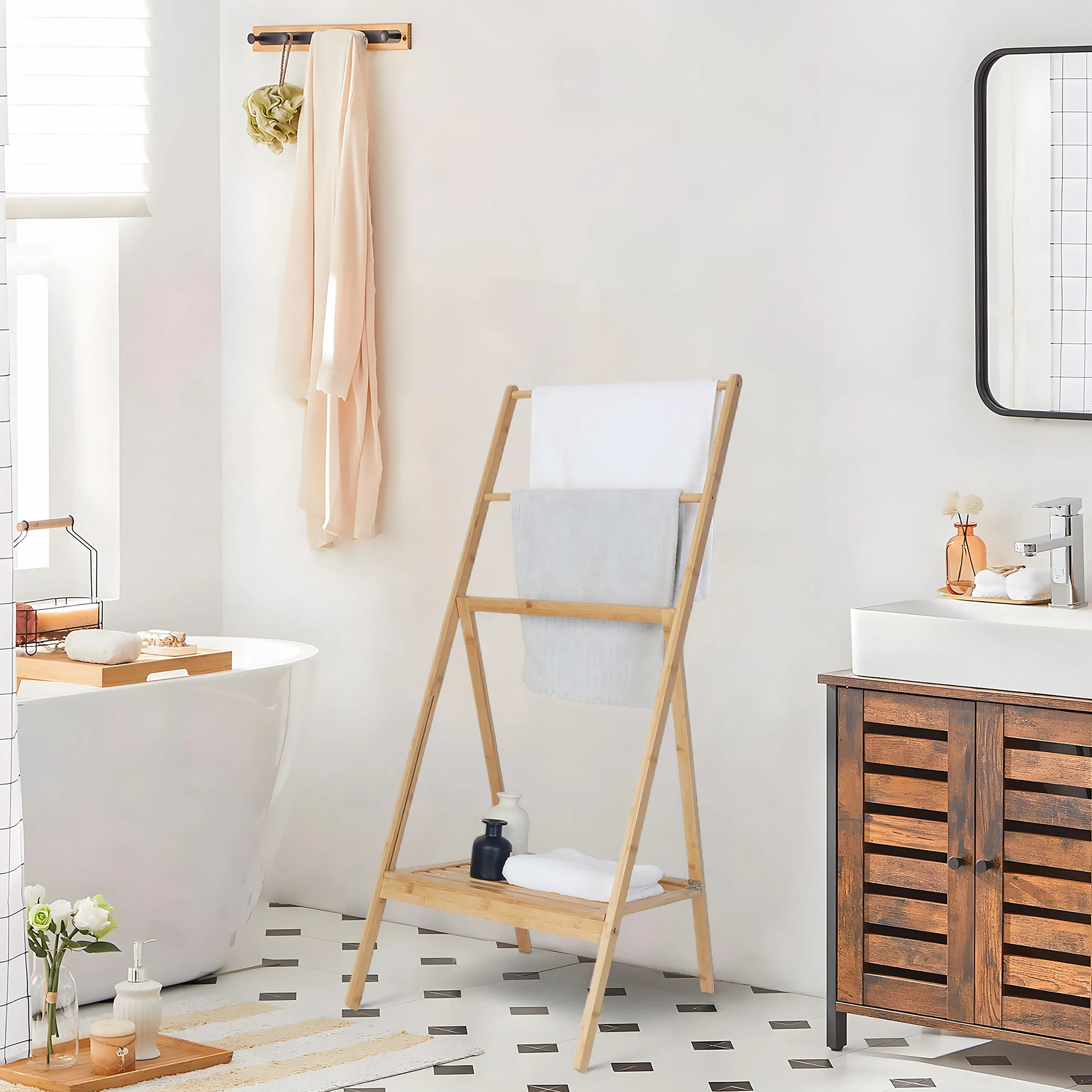 Relaxdays Toallero de bambú, Plegable, con Estante, 3 Barras, 112 x 55 x 44,5 cm, Soporte para Toallas, Color Natural