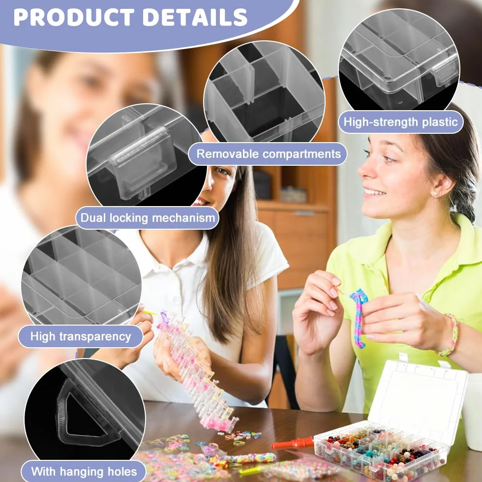 Caja Organizadora Plastico Transparente 24 Compartimientos Ajustables Apilable con Tapa para Joyas Tornillos Cuentas