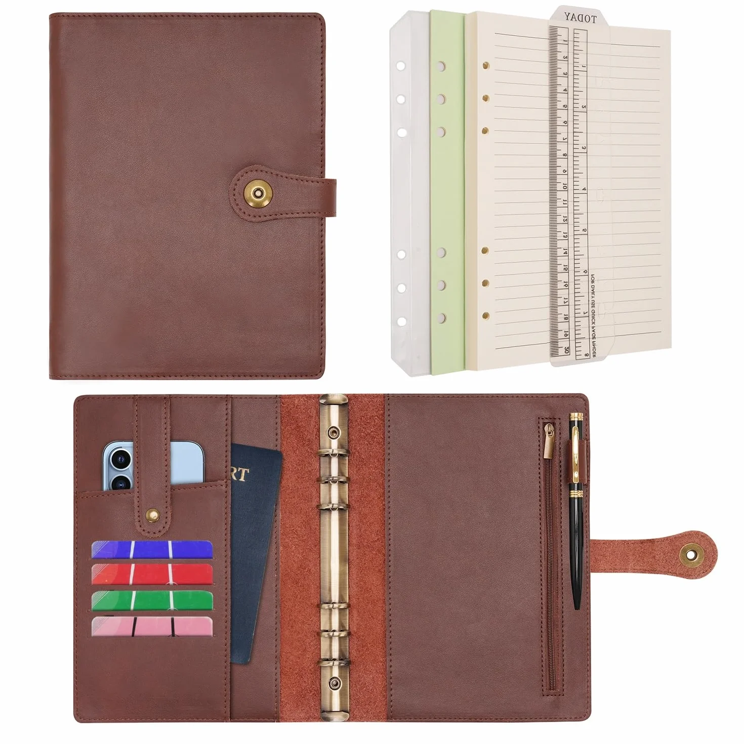 Wonderpool Carpeta A5 Diario de Viaje Cuaderno Recargable de Cuero con Bolígrafo (Café)