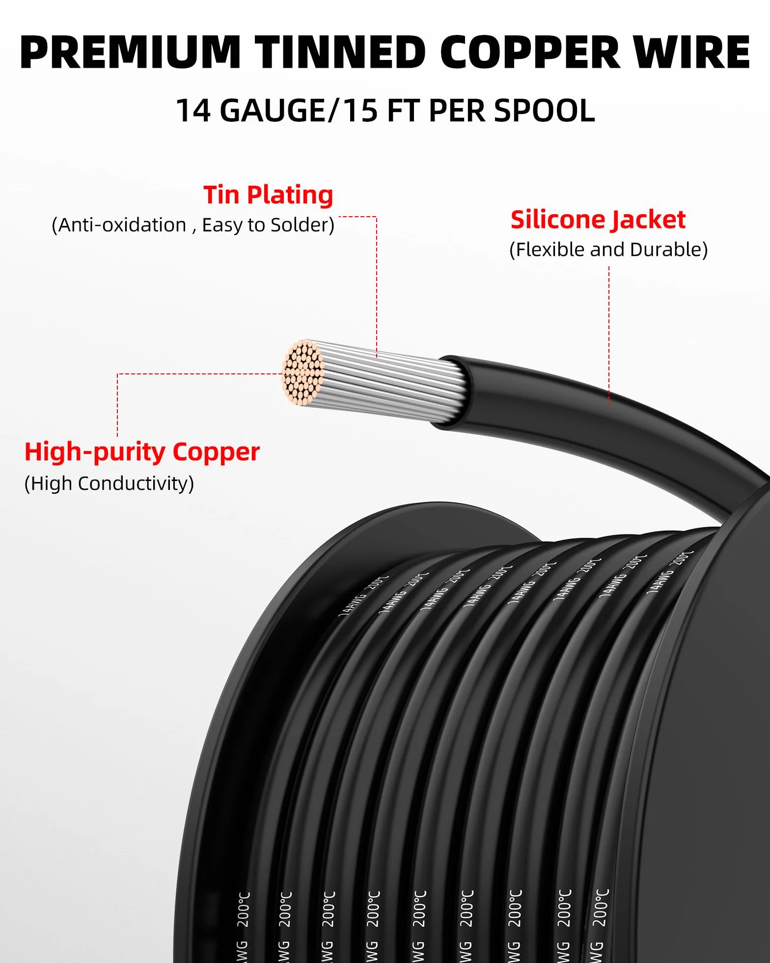 NAOEVO Cable de calibre 14 de 90 pies, cable de 14 AWG, 6 colores de 15 pies cada carrete, cable eléctrico de cobre estañado de silicona flexible, kit de cableado para placa de prueba/automoción