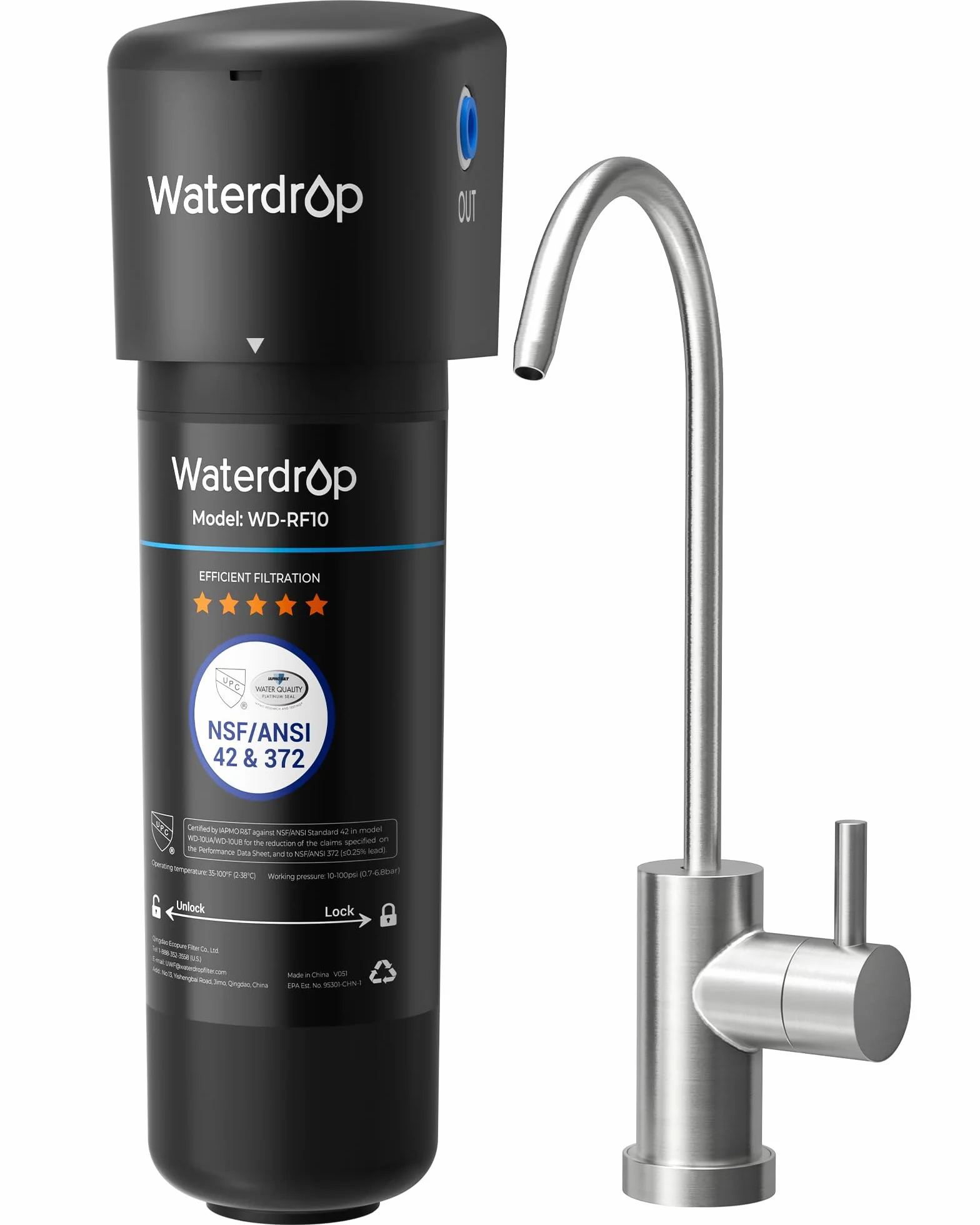 Waterdrop 10UB Sistema de Filtro de Agua para Debajo con Grifo Dedicado, 11000 Galones Filtro de Cocina Alta Capacidad, Certificado NSF/ANSI 42, Reduce el 99,99% de Plomo, Cloro, Mal Sabor