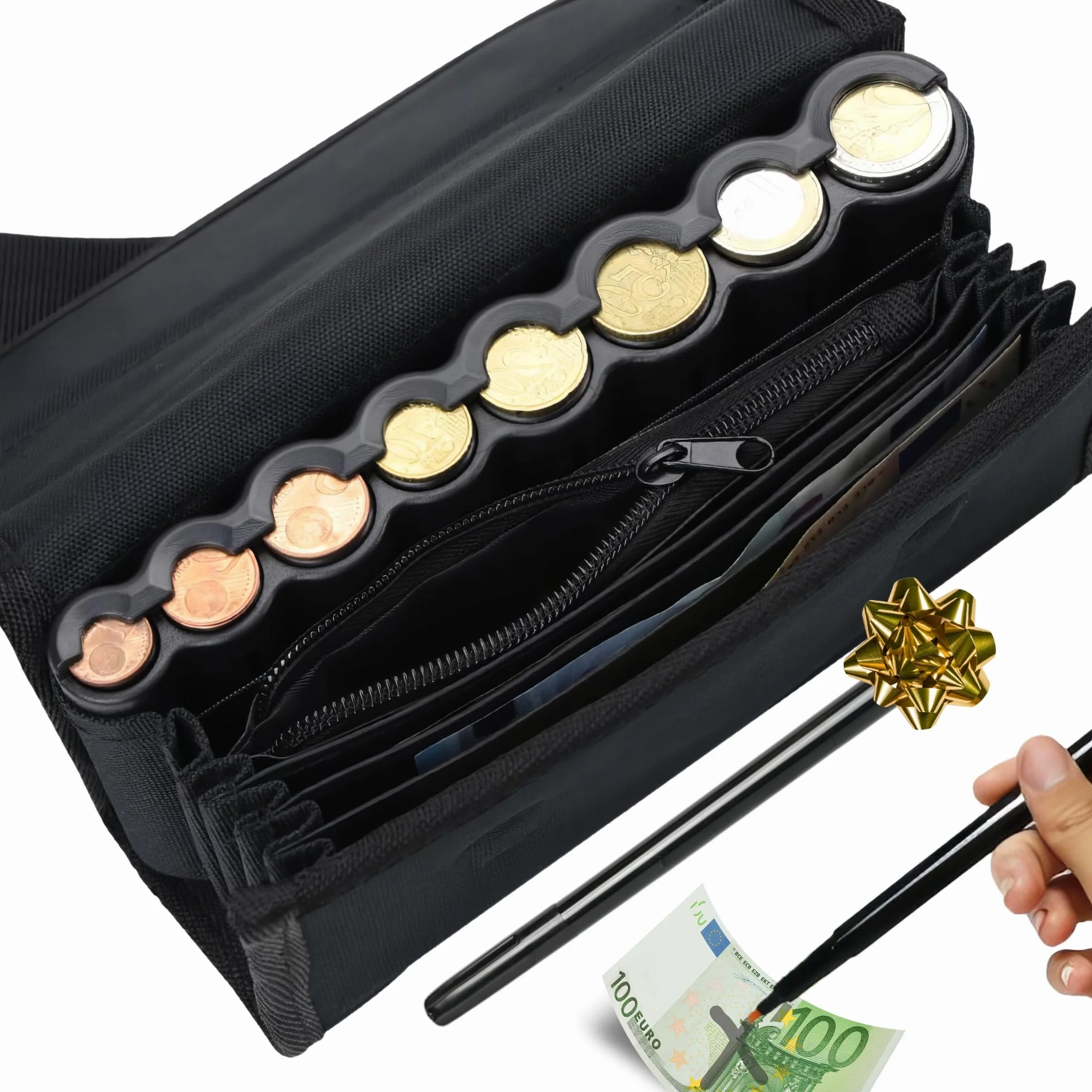 Cartera Dispensador de Monedas y Billetes con Bolígrafo Detector - Riñonera Camarero para Taxi, Vendedores (Negro)