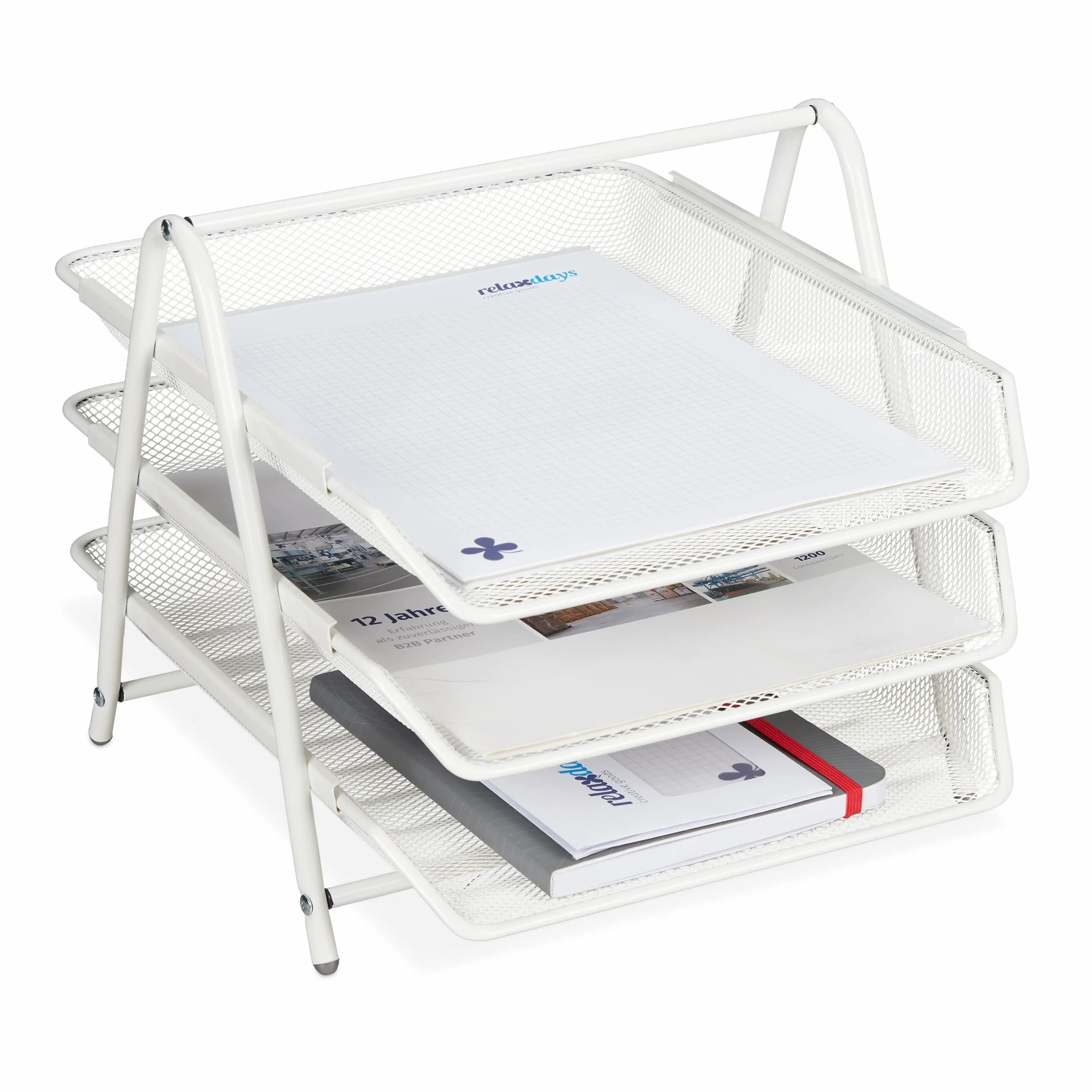 Relaxdays Organizador Oficina 3 Niveles, Bandeja Documentos Metal, Soportepara Papel A4, 26,5x29,5x35,5 cm, Blanco