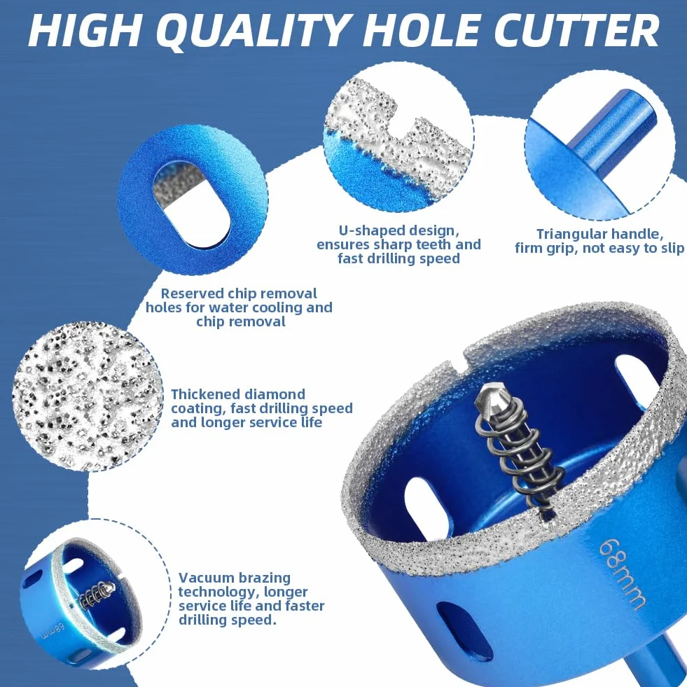 Flintronic Broca Diamante, 68mm Broca Diamante Porcelanico, Sierra de Campana de Diaman-te Soldada Al Vacío con Guía de Centrado, para Azulejos, Porcelana, Vidrio, Mármol y Cerámica