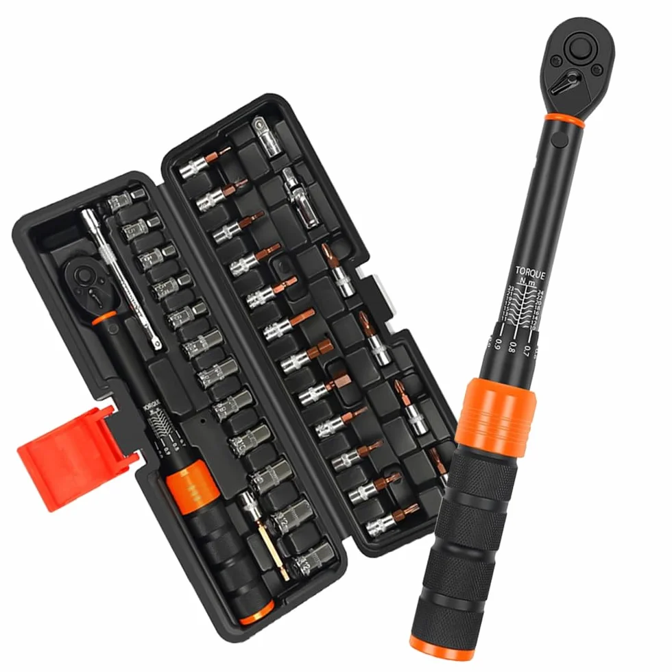 Llave dinamométrica para bicicleta de 1/4" 2-24 Nm, juego de llaves de torque de 33 piezas con trinquete (72 dientes), precisión de ±3%, para bicicleta, motocicleta, montaje de muebles