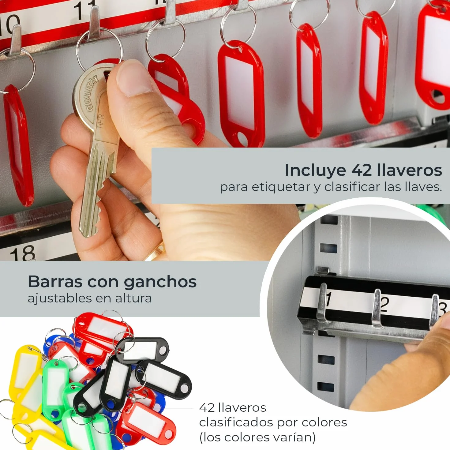 HMF Armario para Llaves de Acero, Caja de Llaves con Cerradura para Oficina, administración o Flota de vehículos | 42 Ganchos para Llaves | 35 x 27 x 8 cm | Gris Claro