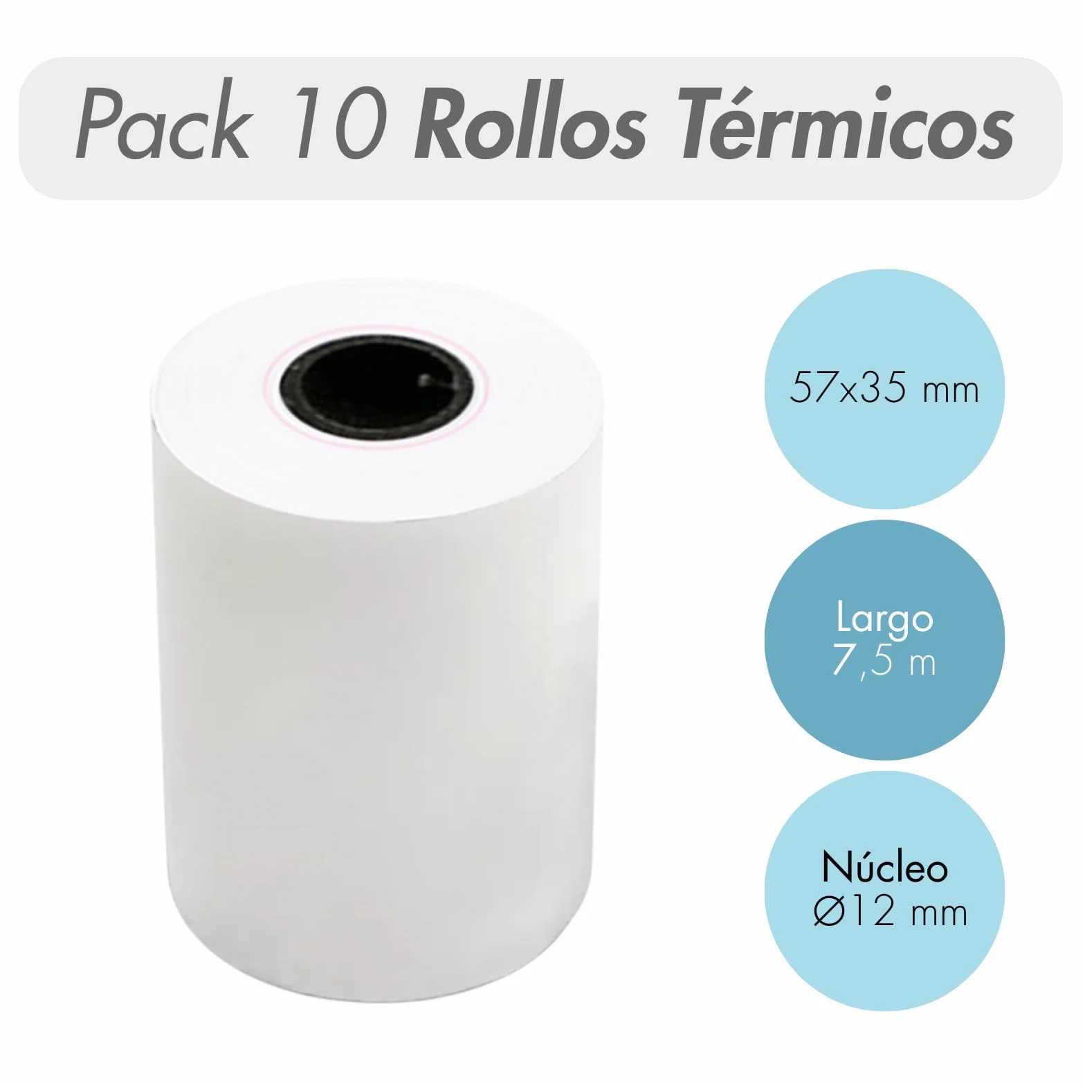 Dohe - Rollos Papel Térmico 57x35 mm (10 uds.) - Núcleo ⌀12 mm, Largo 7,5 m, Tickets para Datáfonos, TPV, Cajas Registradoras, Impresoras POS y EPOS, Grosor 60 gr/m², Sin BPA