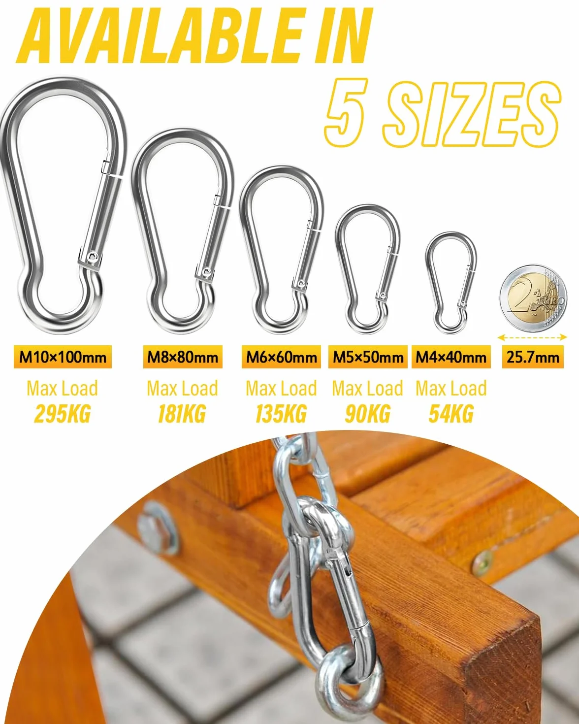 Caianwin Mosquetón M4 M5 M6 M8 M10 resistente mosquetón galvanizado con gancho de muelle, para mochila, correa de perro, camping, viajes, senderismo
