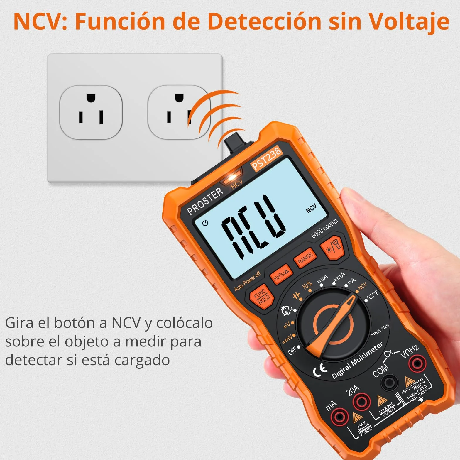 Proster Multímetro Digital 6000 Cuentas NCV TRMS Polímetro Profesional Rango Automático con Pinzas Cocodrilo para Prueba de Voltaje Corriente DC/AC Resistencia Capacitancia Continuidad Temperatura