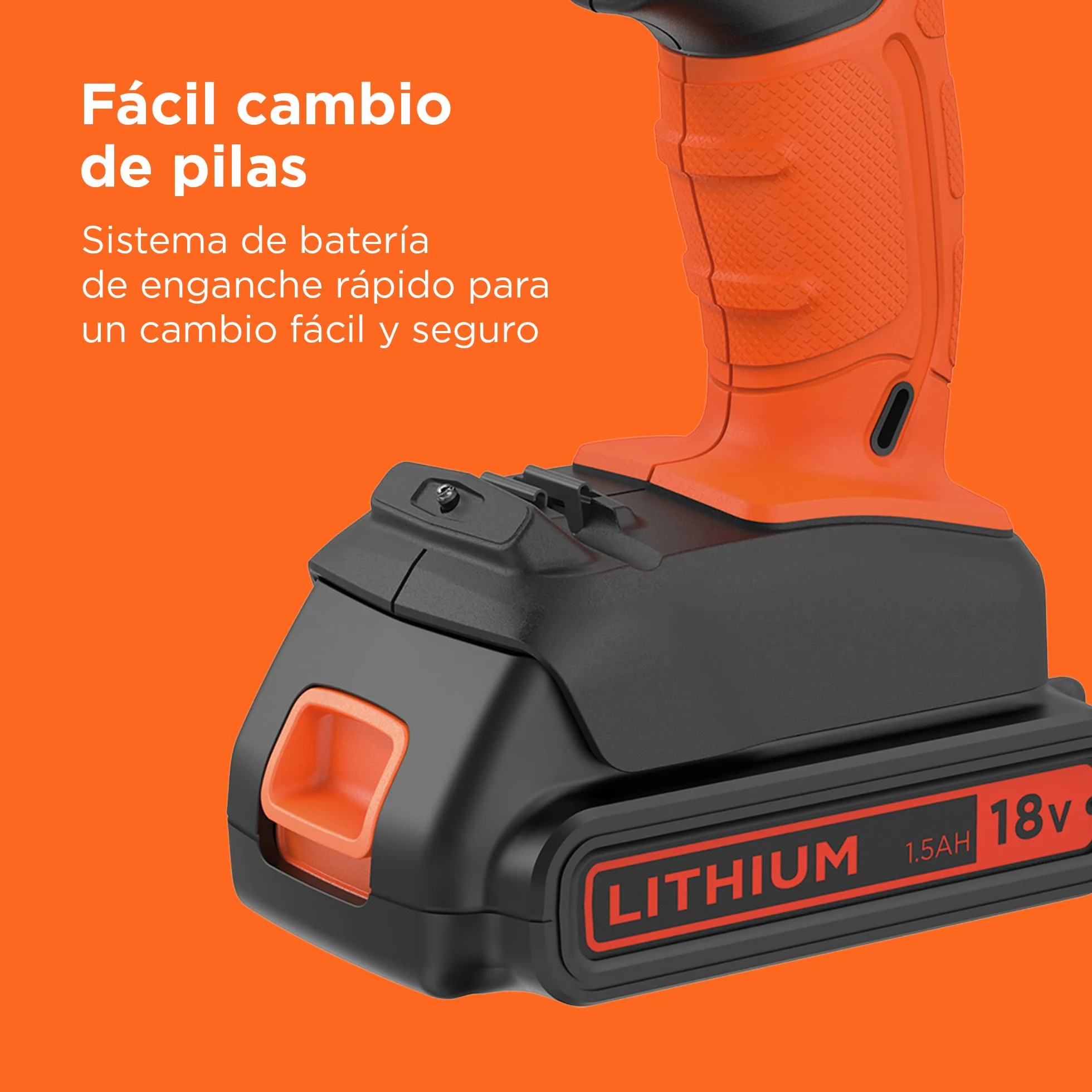 BLACK+DECKER Taladro percutor inalámbrico de 18V y 2 velocidades con dos baterías de 1,5Ah y cargador de 400mA, par de 45Nm, luz de trabajo LED y maletín, BCD003C2K-QW