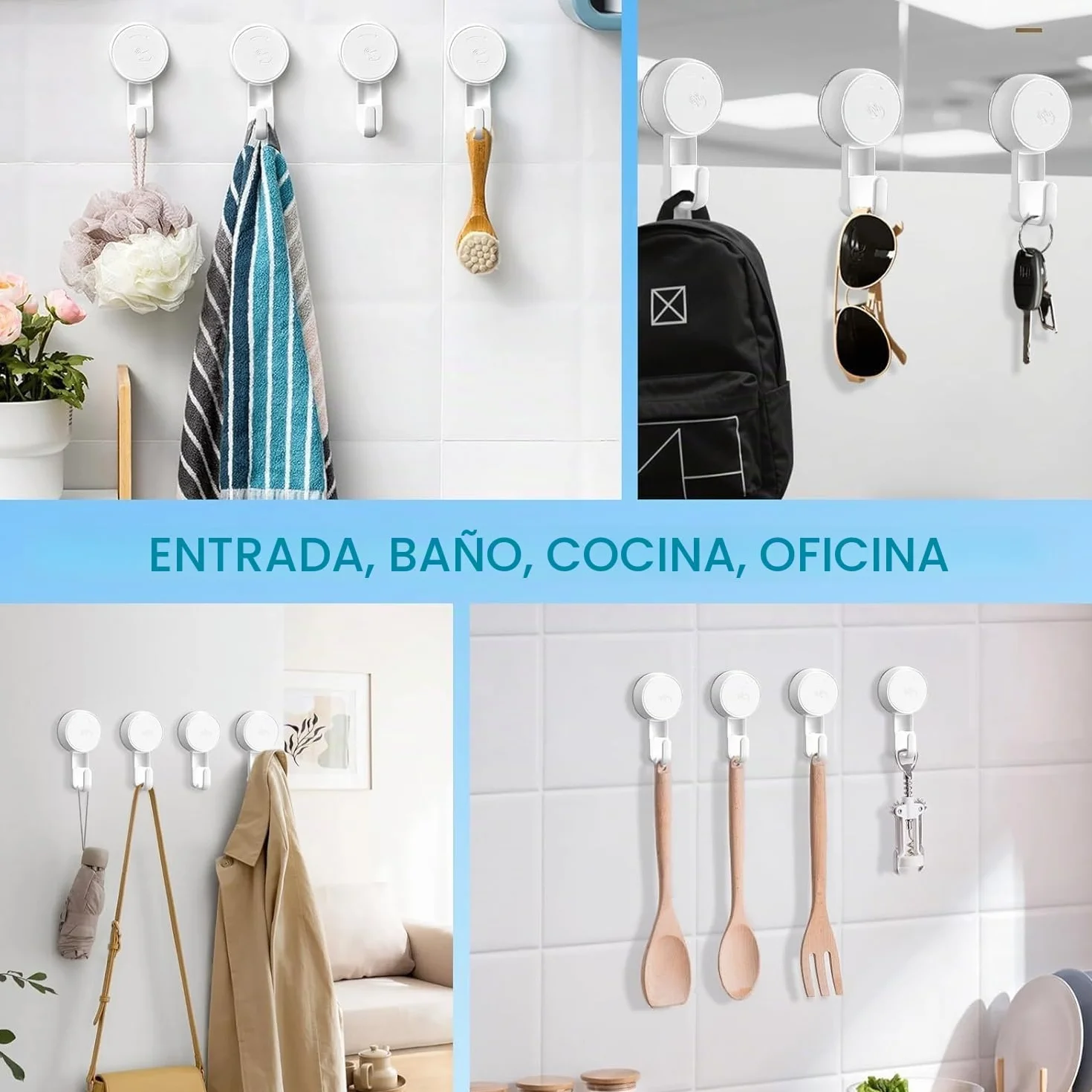 Luxear Gancho Ventosa Baño 4 Piezas Ultra Fuerte Sin Agujeros Colgador Toallas Ventosa Impermeable Reutilizable Percha Ventosa MAX 5kg para Toallas Cocina Pared Puerta Ropa