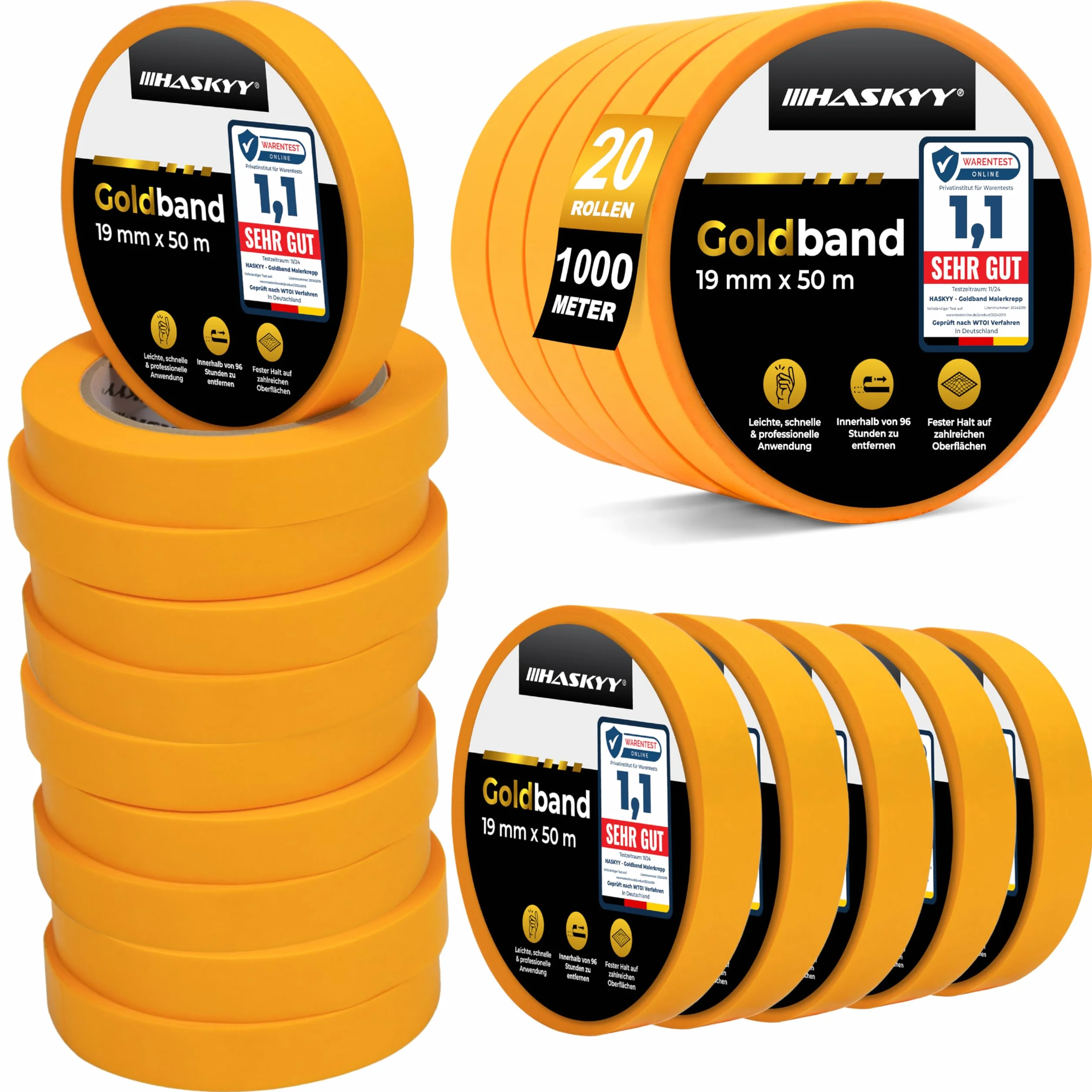 HASKYY Cinta de Pintor 19mm x 50m - 20 rollos de cinta de carrocero pintura, masking tape - Enmascarar Paredes de Precisión Cinta Adhesiva no Deja Residuos