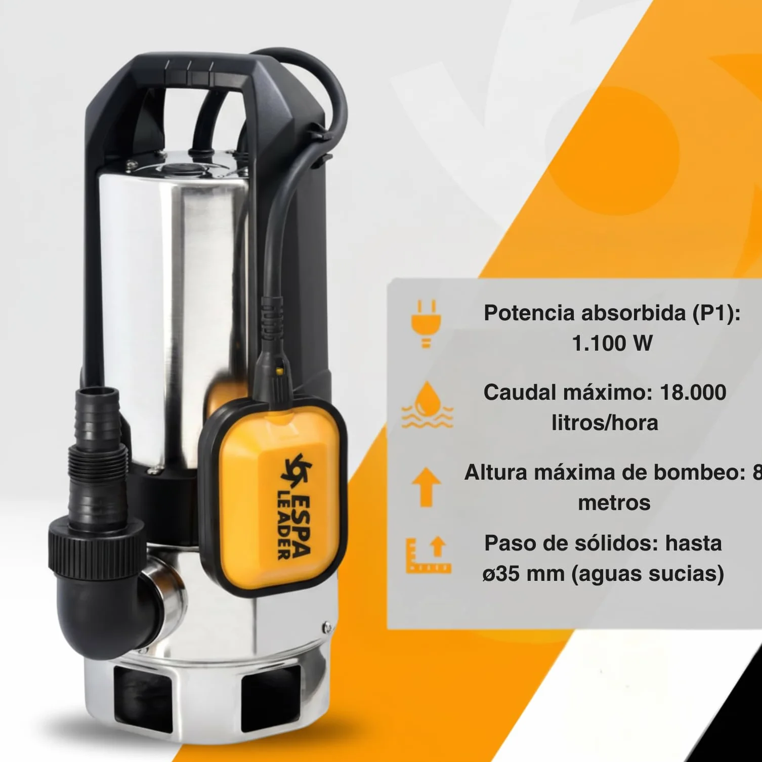 ESPA LEADER Bomba Sumergible BISA V 1100S M Acero Inoxidable 18000 l/h 8m 10m Cable