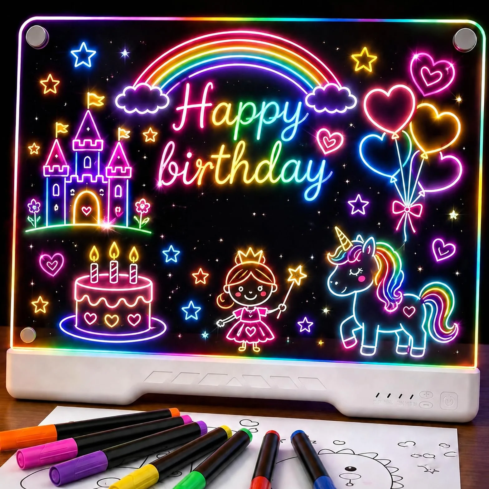 Tabla de Dibujo LED 16 Pulgadas Recargable con 7 Colores y Brillo Ajustable, Pizarra Neon Art