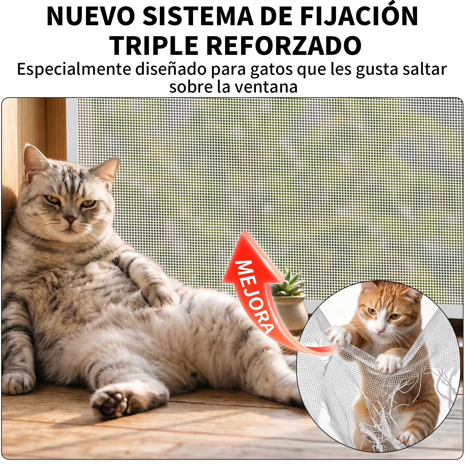 BKSAI Mosquitera Ventana para Gatos, Red Anticaída Adhesiva sin Taladrar, Malla Recortable Resistente a Arañazos, Protección Mascotas para Ventana - 130x150 CM Blanco Roto