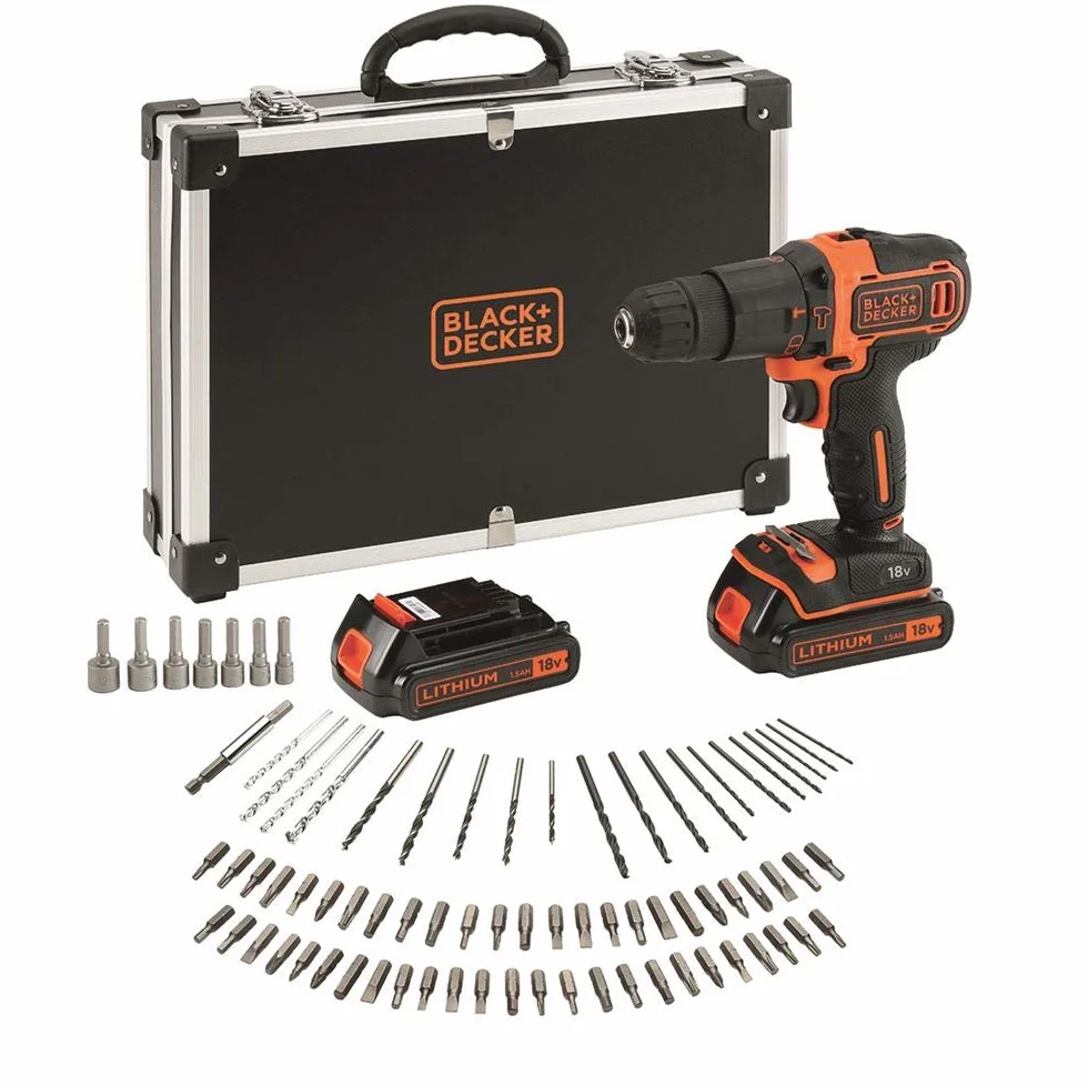 BLACK+DECKER Kit Taladro Percutor 18V, Luz LED, Velocidad Variable, con 2 Baterías de Litio de 1.5Ah, Cargador, con 80 Accesorios y Maletín, BDCHD18BAFC