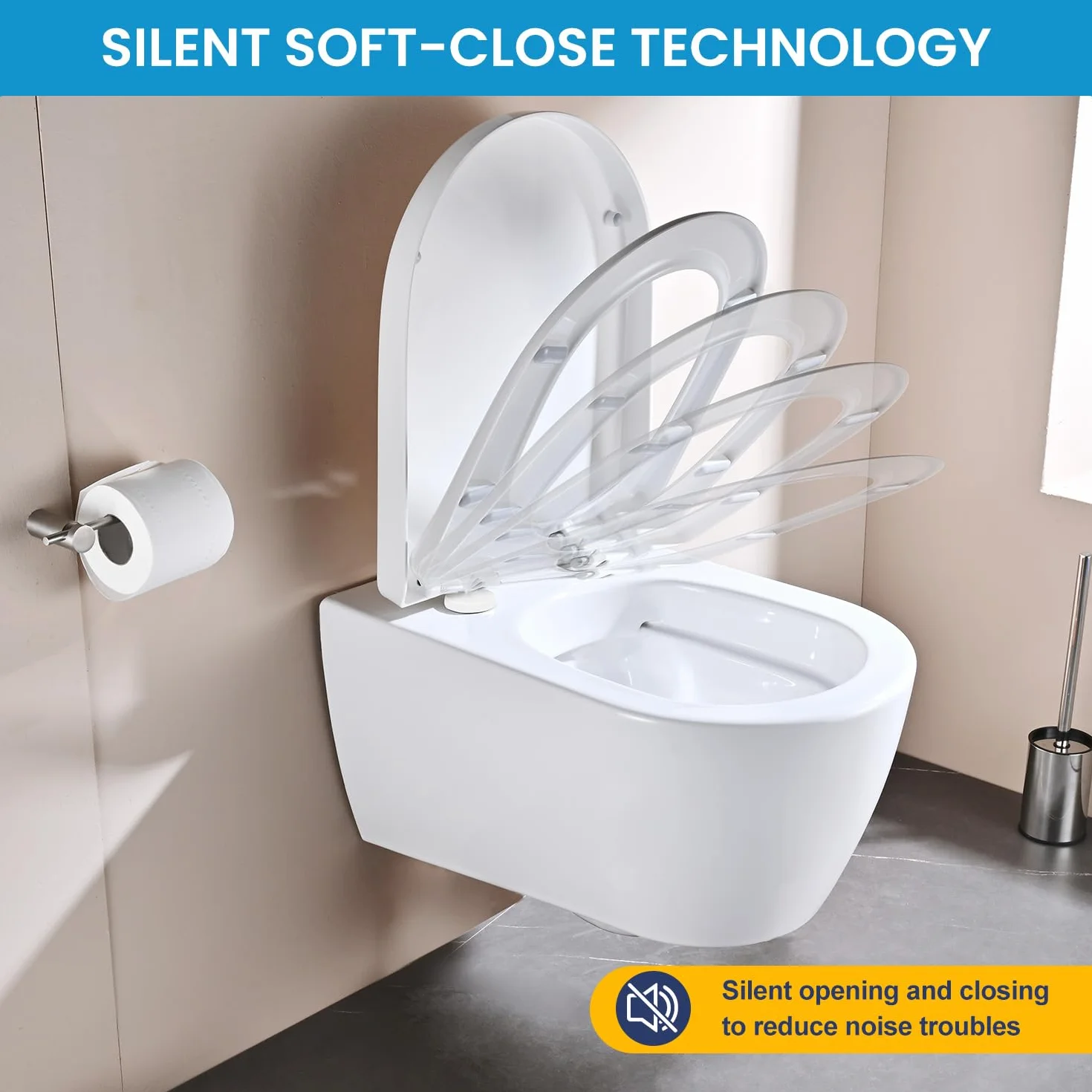 YEAUPE PRO Tapa WC Universal Forma de D [LARGO], Asiento de Inodoro de Cierre Suave con Liberación Rápida para una Fácil Limpieza, 45 x 36,1 x 5cm, Incluye plantilla de instalación