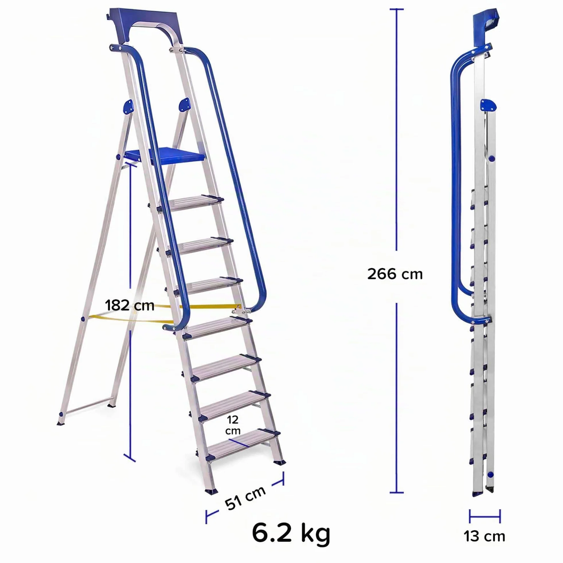 HOSTRÖM Escalera de Tijera de 8 peldaños Secure Pro, Aluminio Reforzado, Segura con barandillas, Bandeja portaherramientas, Altura de Plataforma 182 cm, garantía de 5 años