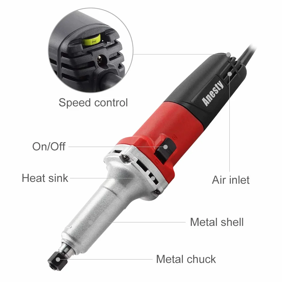 Amoladora Recta Eléctrica 750W con Velocidad Regulador 0-27000 RPM Herramienta de Pulido y Collet 6mm