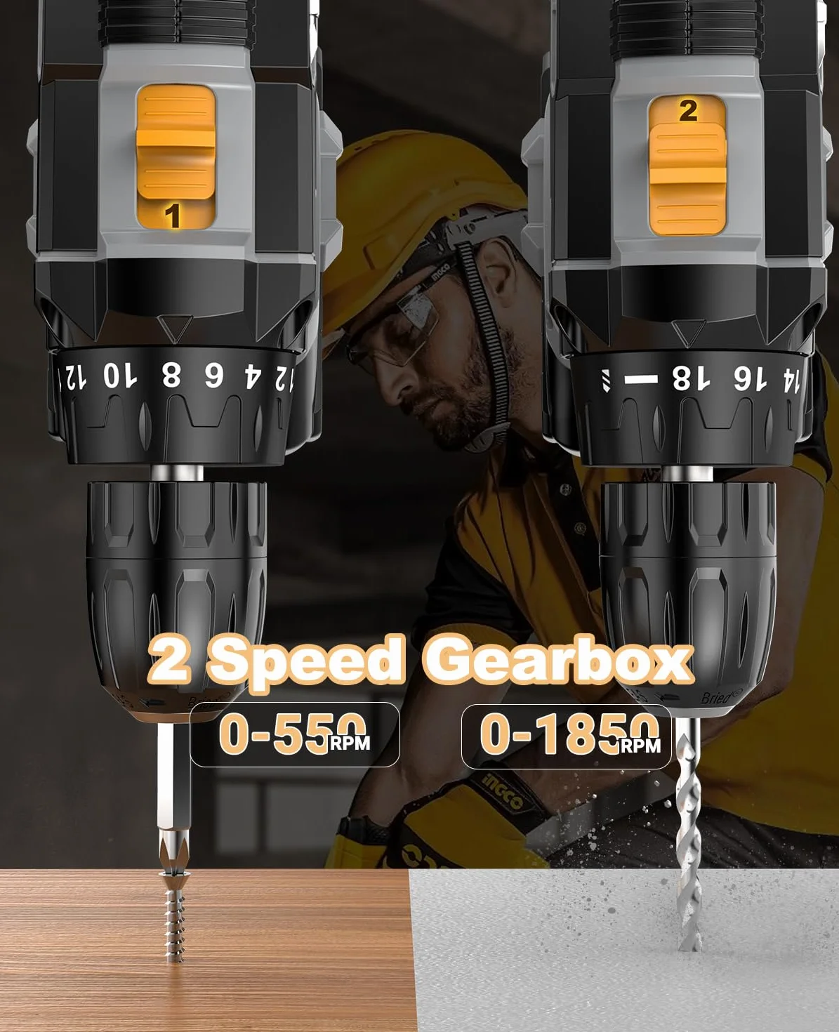 Taladro Atornillador Batería, LEEIKOO Atornillador Electrico 21V, 42N.m con 2 Baterías 2.0Ah, 18+1 Ajuste de Par, 2 Velocidad, LED Luz, 14 Accesorios Para Hogar, Bricolaje, Gris