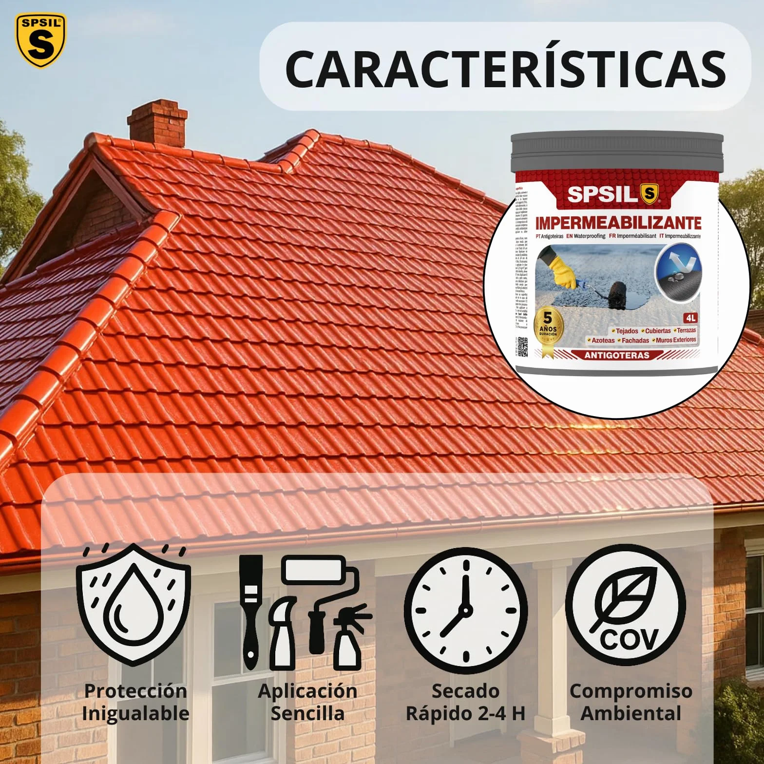 SPSIL Pintura Impermeabilizante Transparente - Previene las filtraciones de agua - Para Tejados, Cubiertas, Terrazas, Azoteas, Fachadas y Muros Exteriores (4 L) (Transparente, 4000 ml)