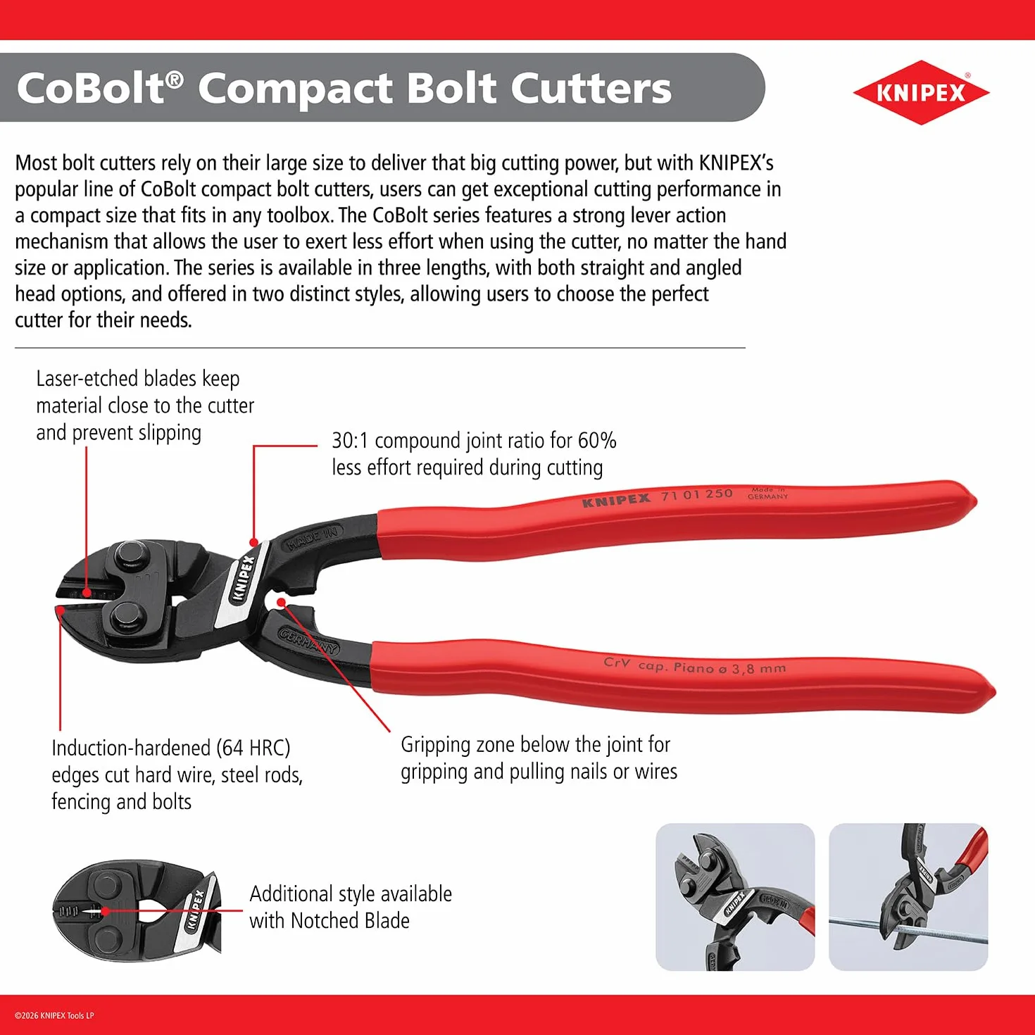 KNIPEX CoBolt Cortabulones compacto con fundas esbeltas en dos componentes 200 mm, 71 12 200