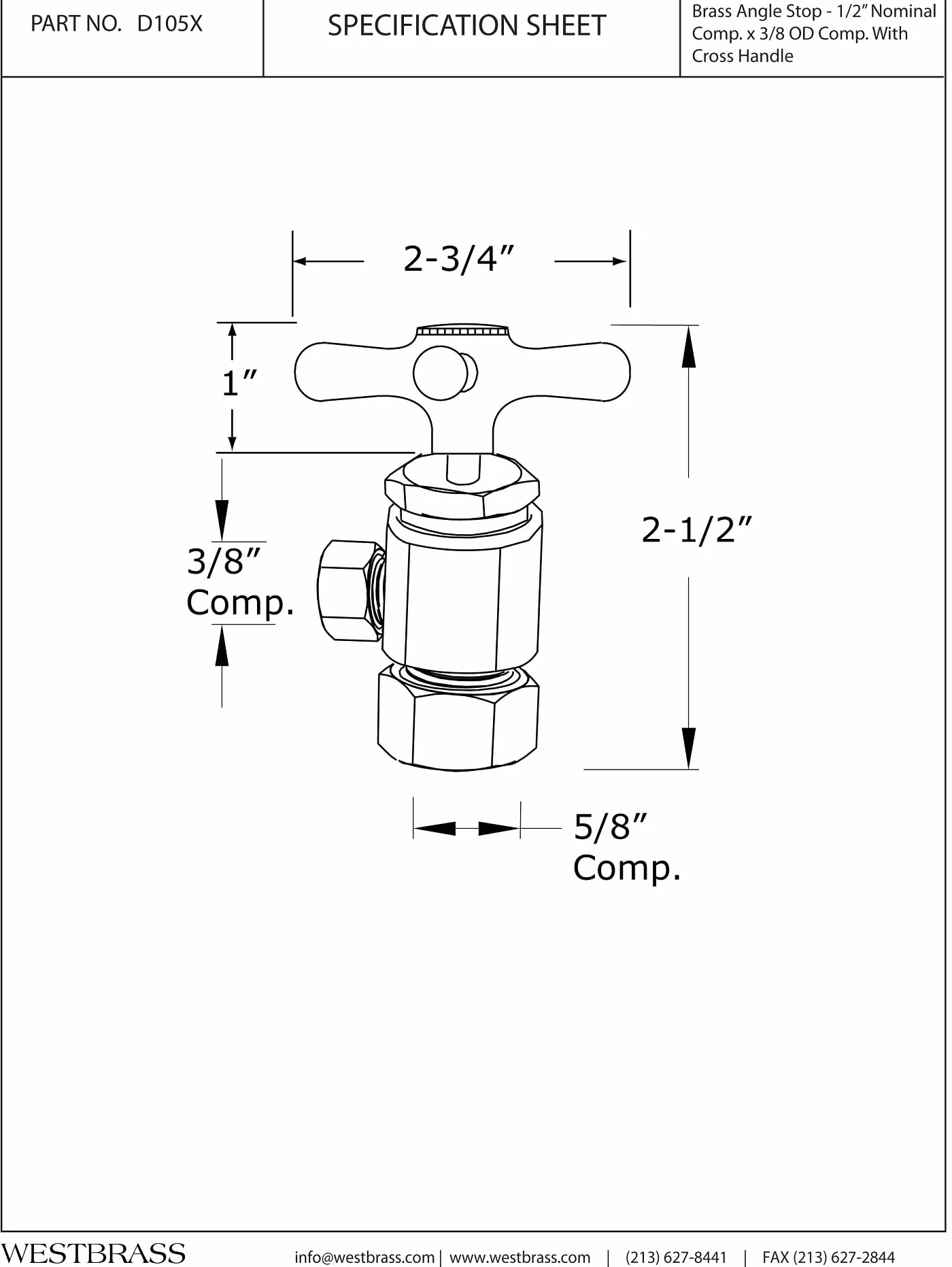 Westbrass Válvula de cierre de ángulo de mango cruzado, entrada de tubo de cobre de 1/2 pulgada con salida de compresión de 3/8 pulgadas, latón pulido, D105X-03