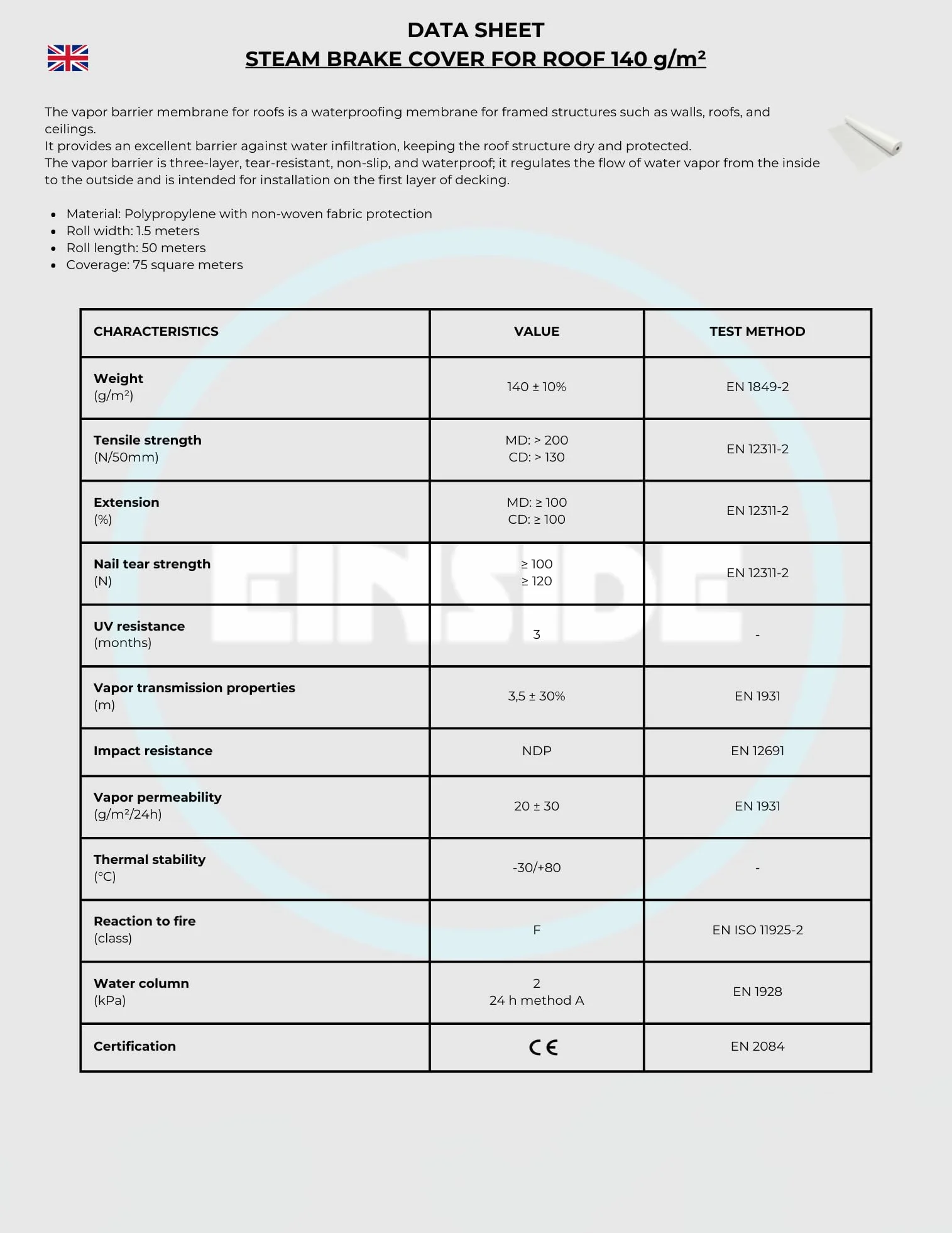 EINSIDE Lona de freno de vapor para techo, Membrana de barrera de vapor impermeable para techo, 140 g/m² | Cobertura: 75 m², SD = 3/12 m, clase W1
