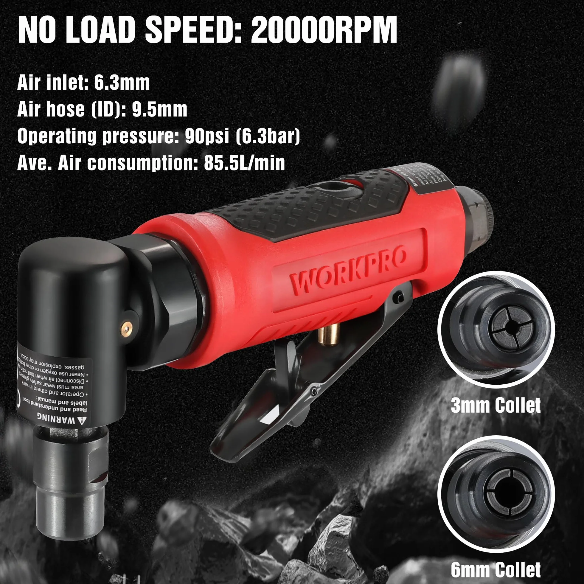 WORKPRO Amoladora Angular Neumática de Aire, Mini Amoladora Angular Neumática para Reparación y Otras Aplicaciones, Amoladora Neumática de 1/4’’, 20000 rpm, 2 Abrazadera (3mm;6mm)
