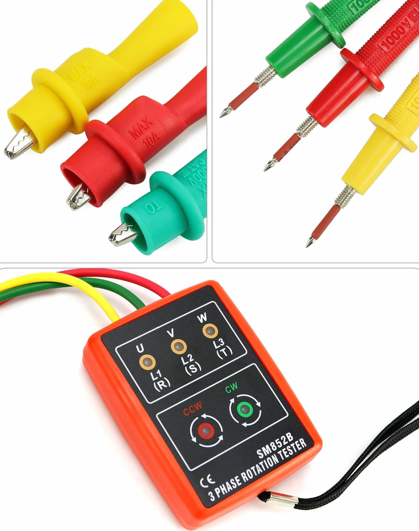 QWORK® Probador de fase, dispositivo de medición de campo giratorio para 3 fases, 60 V ~ 600 V CA, 20-400 Hz, con probador de zumbador y pinzas de cocodrilo
