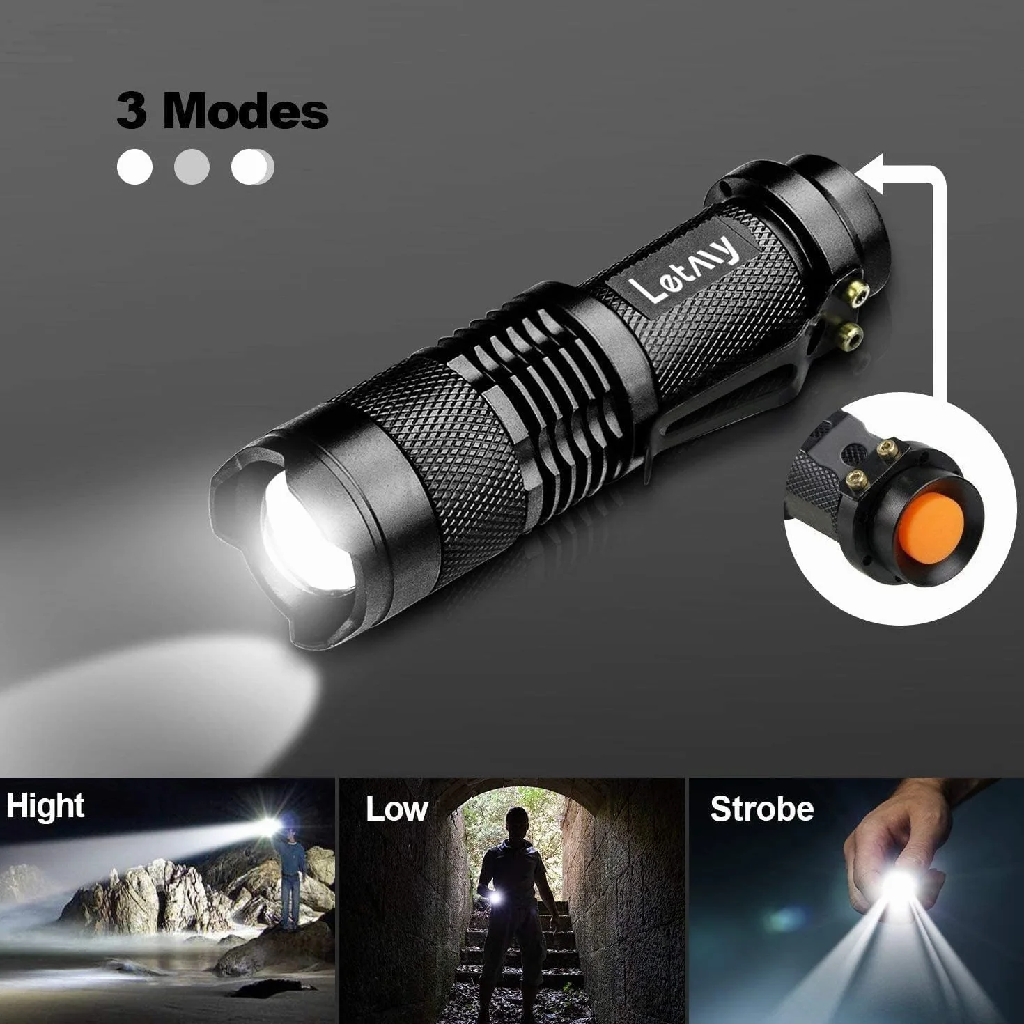LETMY Linterna táctica, mini linternas LED superbrillantes con clip para cinturón, zoom, 3 modos, impermeable, la mejor linterna EDC para regalo, senderismo, camping, huracán y corte de energía