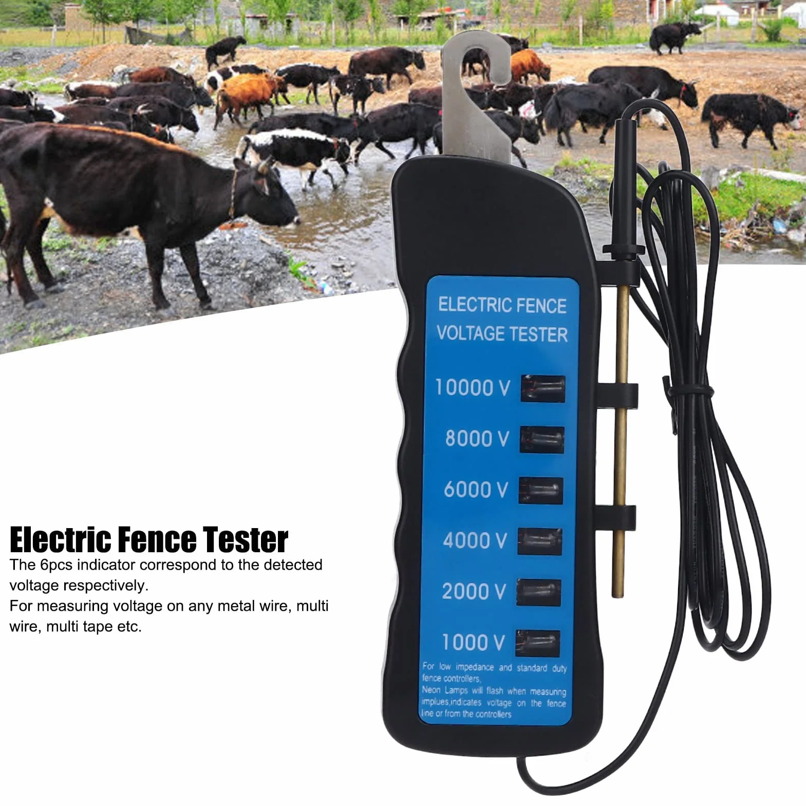 Fafeicy Probador de Cercas Eléctricas, 1000-10000V, Impermeable, con 6 Luces Indicadoras, para Granja y Ganado