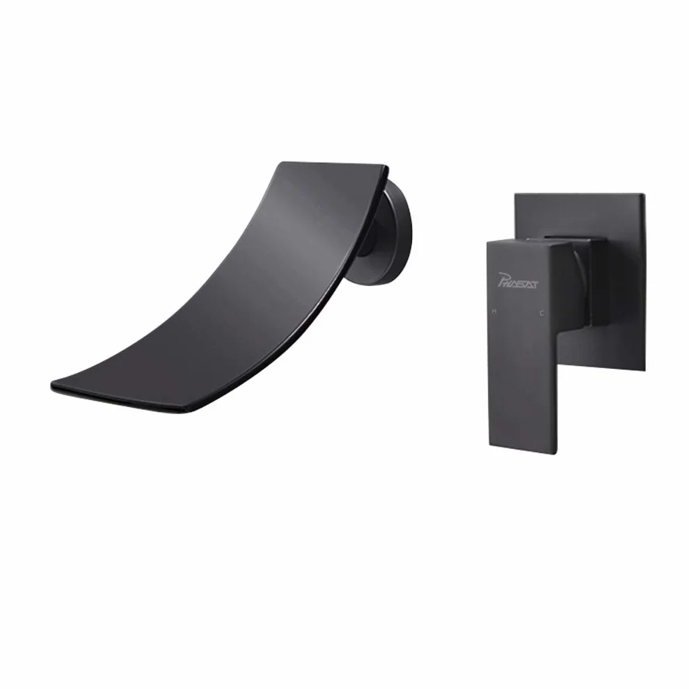 PHASAT Grifo Lavabo Cascada Pared Moderno Mezclador Bañera Empotrado Grifería Baño Monomando Agua fría y Agua Caliente Negro JH088B