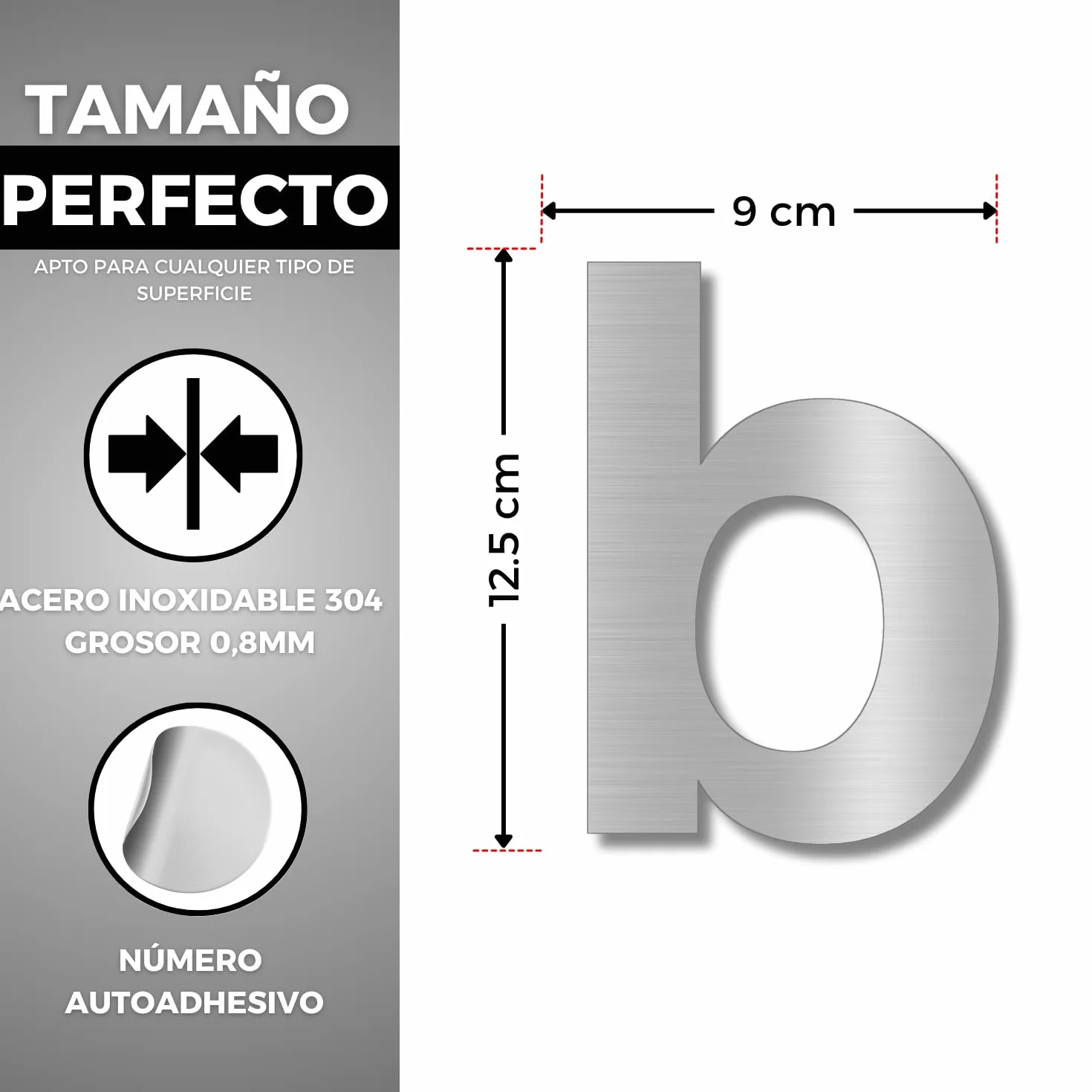 Número Adhesivo - 150 mm - Acero Inoxidable 304 - Nº B - Número Hotel - Enumeración Apartamento Puertas - Número Casa Dirección - Exterior e Interior - Gris B (b, 150mm)