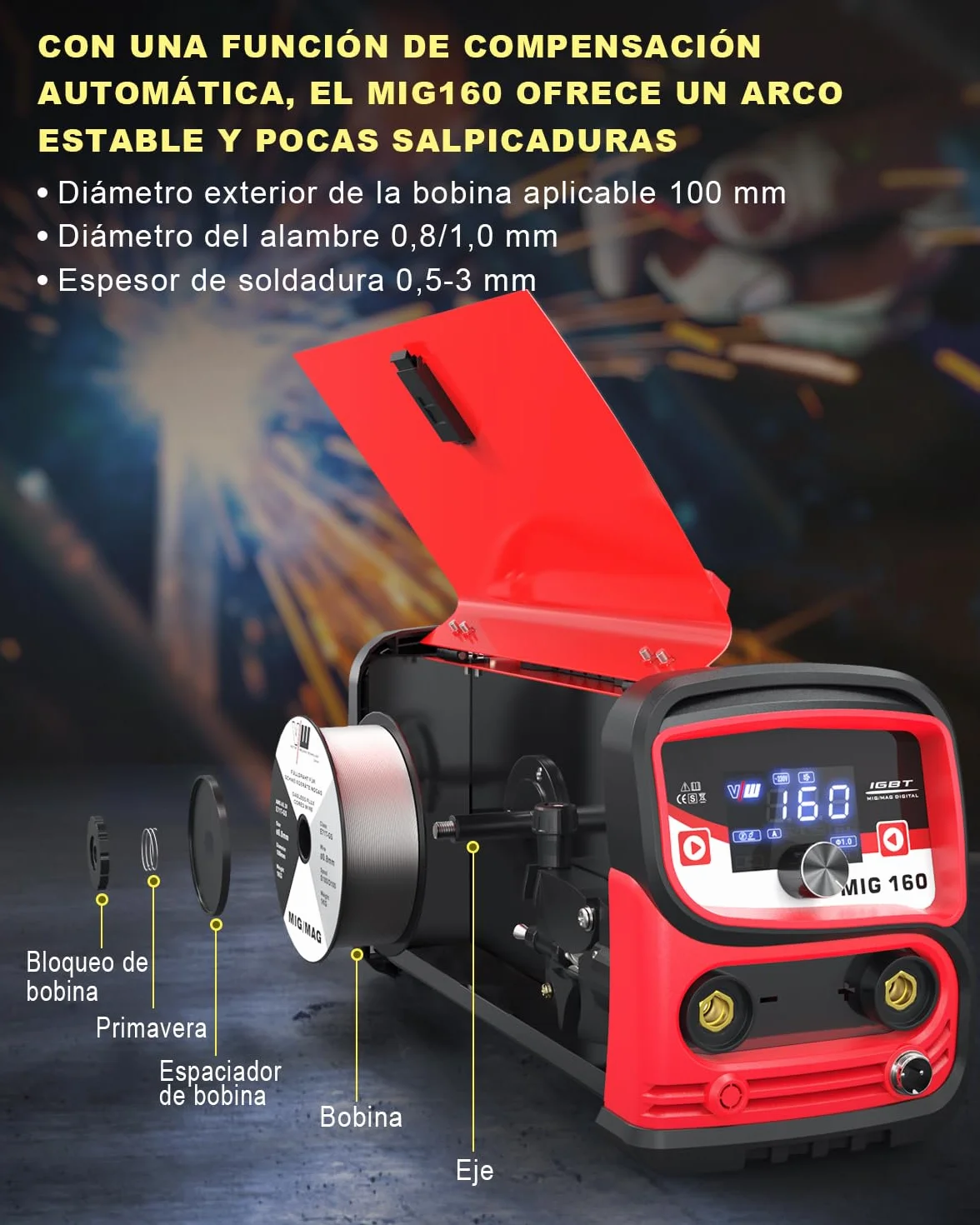 VECTOR WELDING Soldador Hilo Continuo Sin Gas 160 A, Soldadora Mig Mag Portátil con Pantalla LED, Soldador de Hilo sin Gas MIG/MMA para Principiantes, IGBT MIG 160A Set