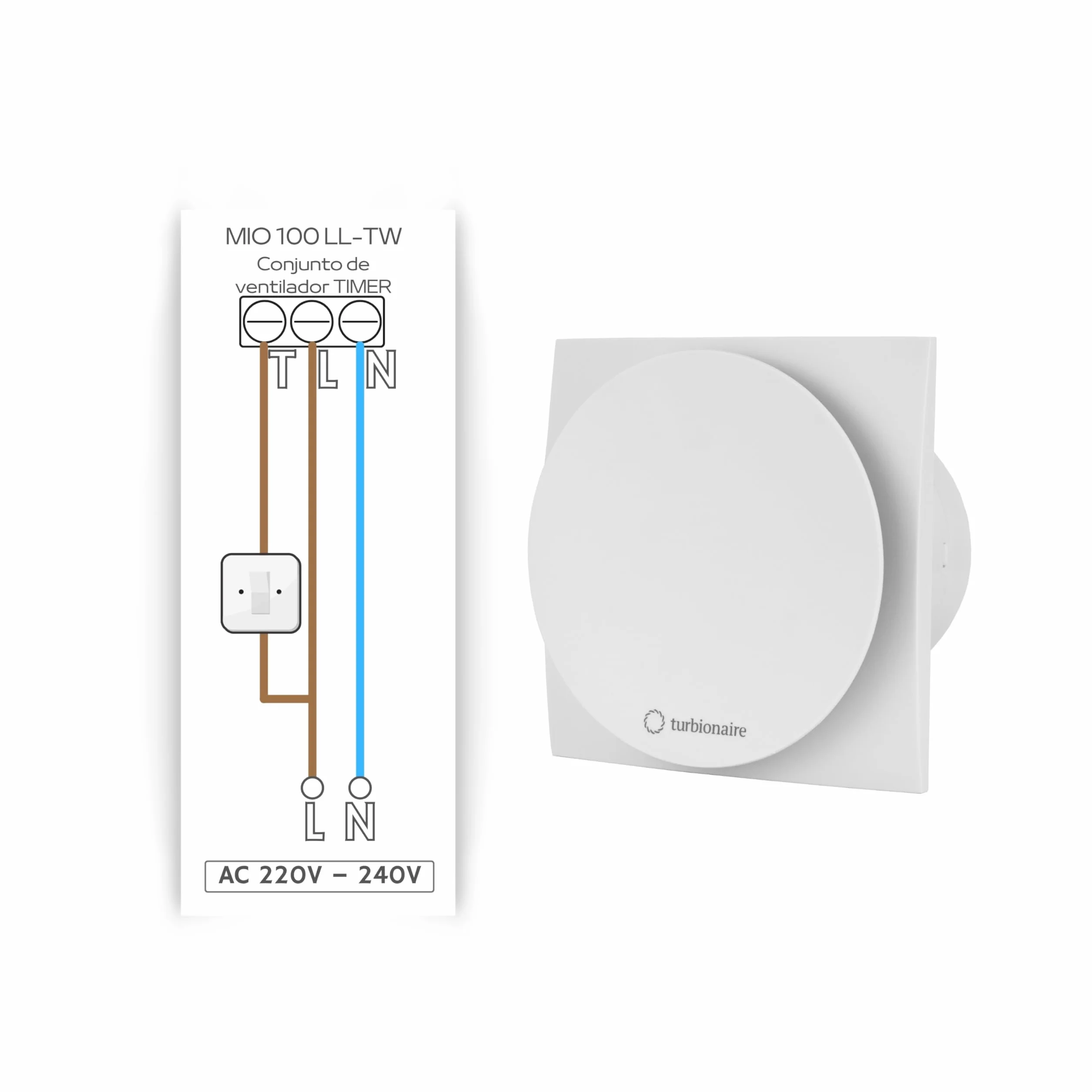 Turbionaire MIO 100 LL-TW Extractor de Baño 100 mm, Con temporizador, Motor con rodamiento de bolas, Blanco, Ventilación estándar, Para baño, Cocina, Válvula de no retorno, Protección IPX4