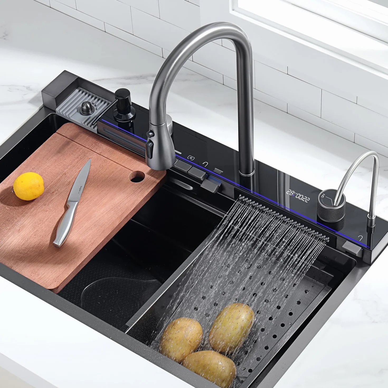 Fregadero de cocina, fregadero de acero inoxidable T304, fregadero de cocina multifuncional, fregadero cascada, fregadero empotrado con grifo digital multifuncional y varios accesorios (80x45cm)